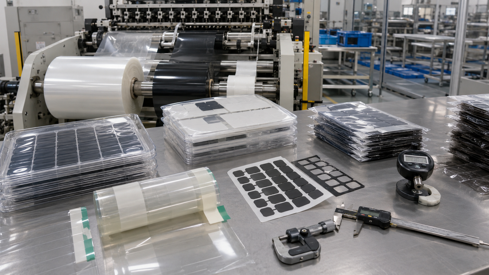 Professional thin film die cutting and packaging scene showing roll-to-roll PET film converting, protective films with pull tabs, black PET films, adhesive-backed PET films, kiss-cut parts on release liners, waste matrix removal, optical inspection tools, clean trays, packaging bags, digital calipers, and thickness gauges