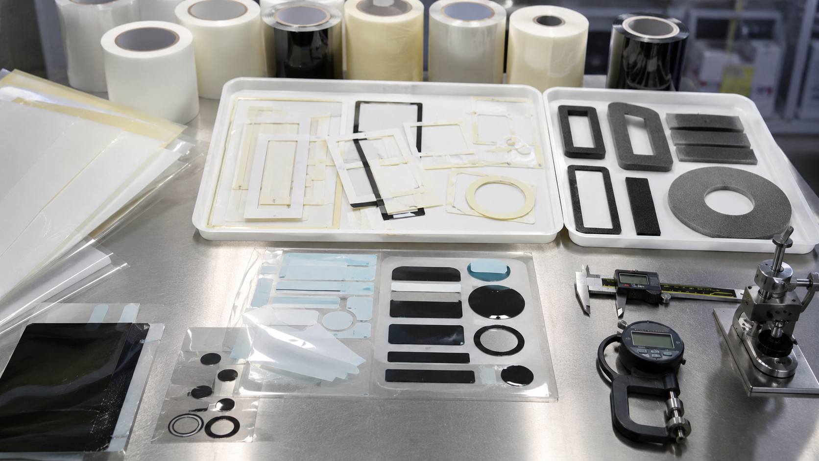 Realistic adhesive tape converting workbench showing double-sided tape frames, foam tape gaskets, PET-backed adhesive parts, transfer adhesive films, adhesive-backed PET films, protective films with pull tabs, release liners, plastic housings, metal bonding samples, electronic module parts, calipers, thickness gauges, peel testing tools, and clean trays in a professional factory environment