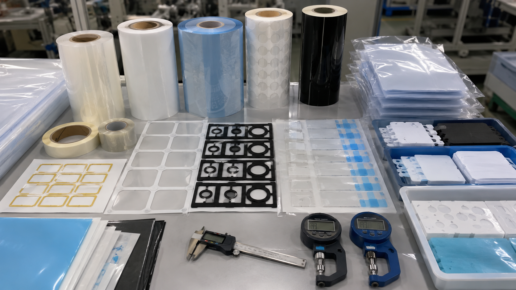 Professional adhesive tape converting and packaging scene showing kiss-cut double-sided tape frames, foam tape gaskets, PET-backed adhesive parts, adhesive-backed PET insulation films, protective films with pull tabs, transfer adhesive films, sheets, rolls, clean trays, packaging bags, digital calipers, and thickness gauges