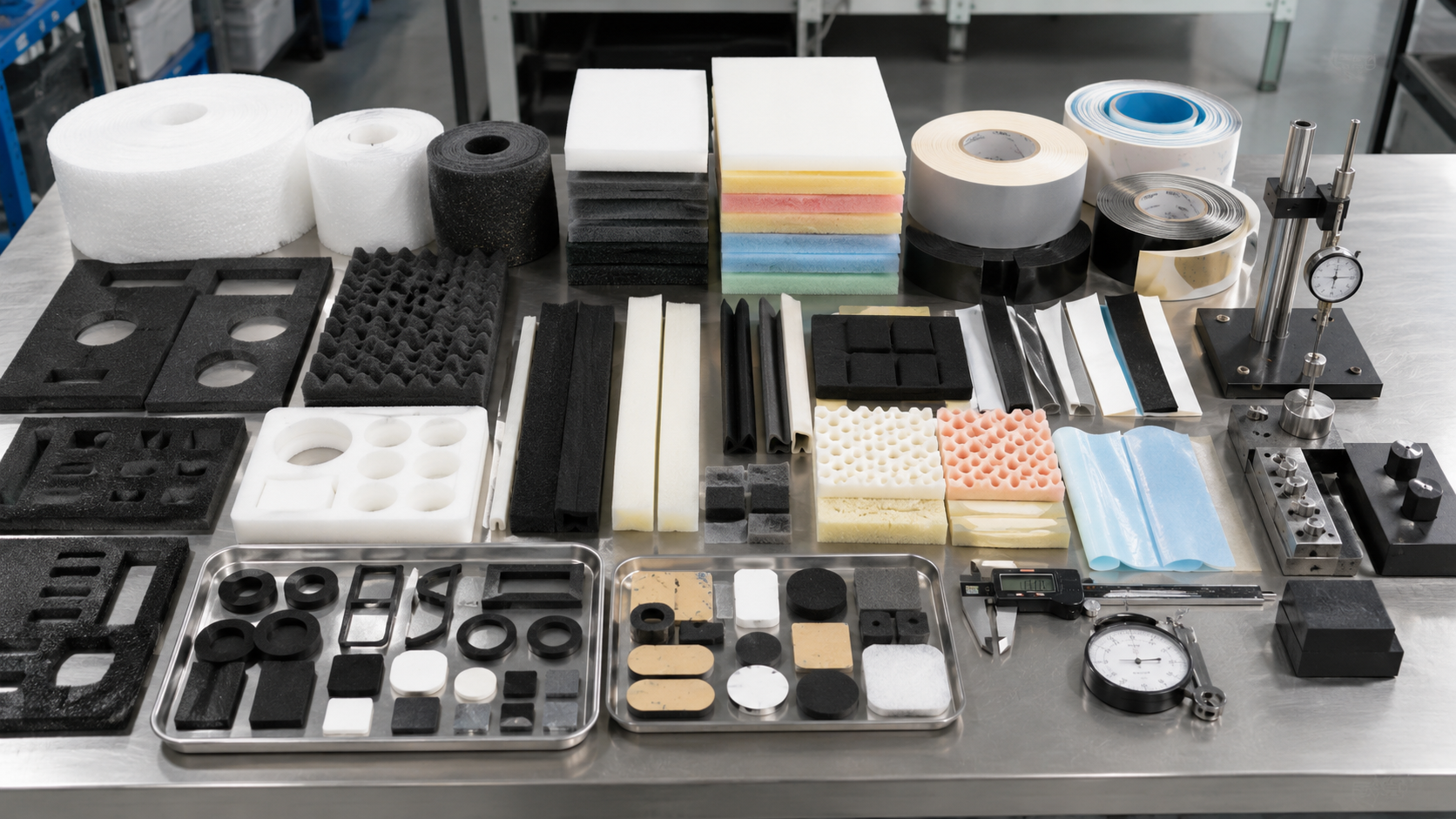 Realistic OEM foam material selection workbench showing die cut EVA foam pads, PE foam strips, PU foam cushioning parts, EPDM foam gaskets, adhesive-backed foam components, electronic housings, automotive trim samples, appliance panel parts, clean trays, digital calipers, thickness gauges, compression testing blocks, and peel testing tools in a professional factory environment