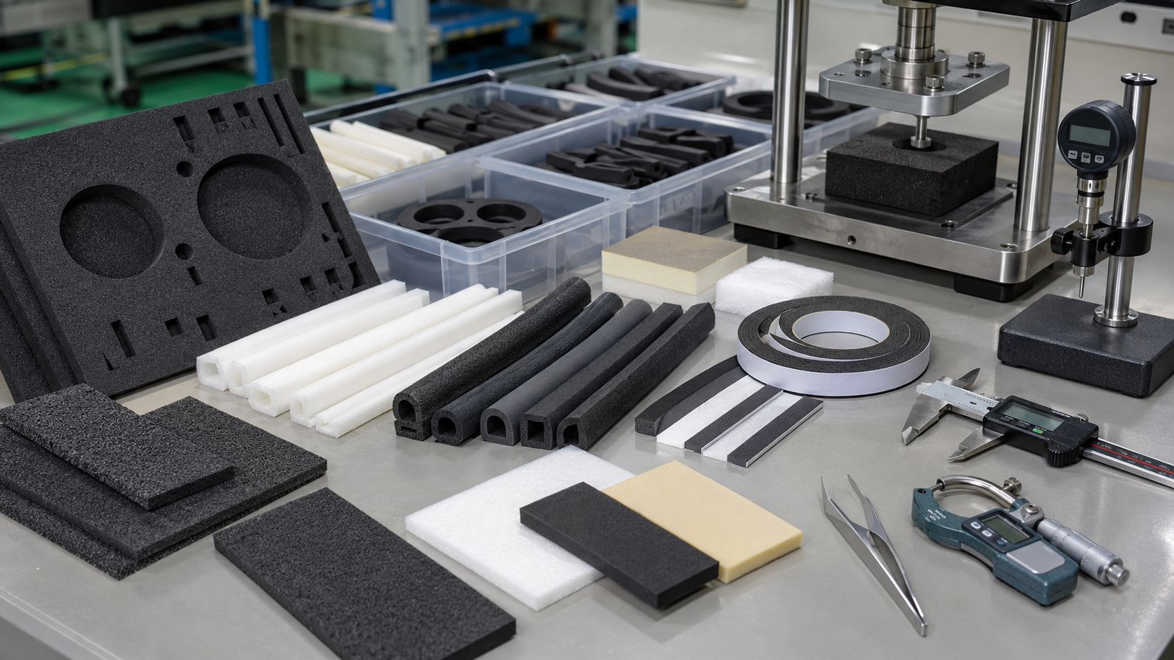 Clean foam vibration and impact inspection scene showing die cut EVA foam pads, PE foam strips, PU foam samples, EPDM foam sealing parts, adhesive-backed foam strips, appliance housing samples, automotive trim parts, electronic module housings, compression testing blocks, peel testing tools, calipers, thickness gauges, and organized trays