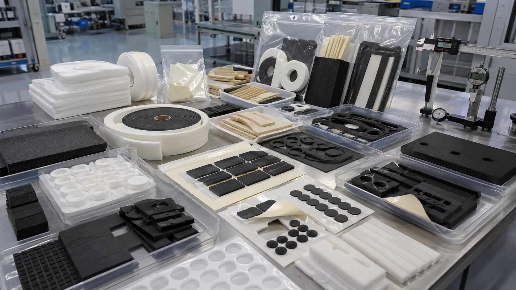Professional foam die cutting and packaging scene showing adhesive-backed EVA foam pads, PE foam strips, PU foam cushioning parts, EPDM foam gaskets, foam tape parts, kiss-cut components on release liners, sheets, rolls, kits, clean trays, packaging bags, calipers, thickness gauges, and inspection tools