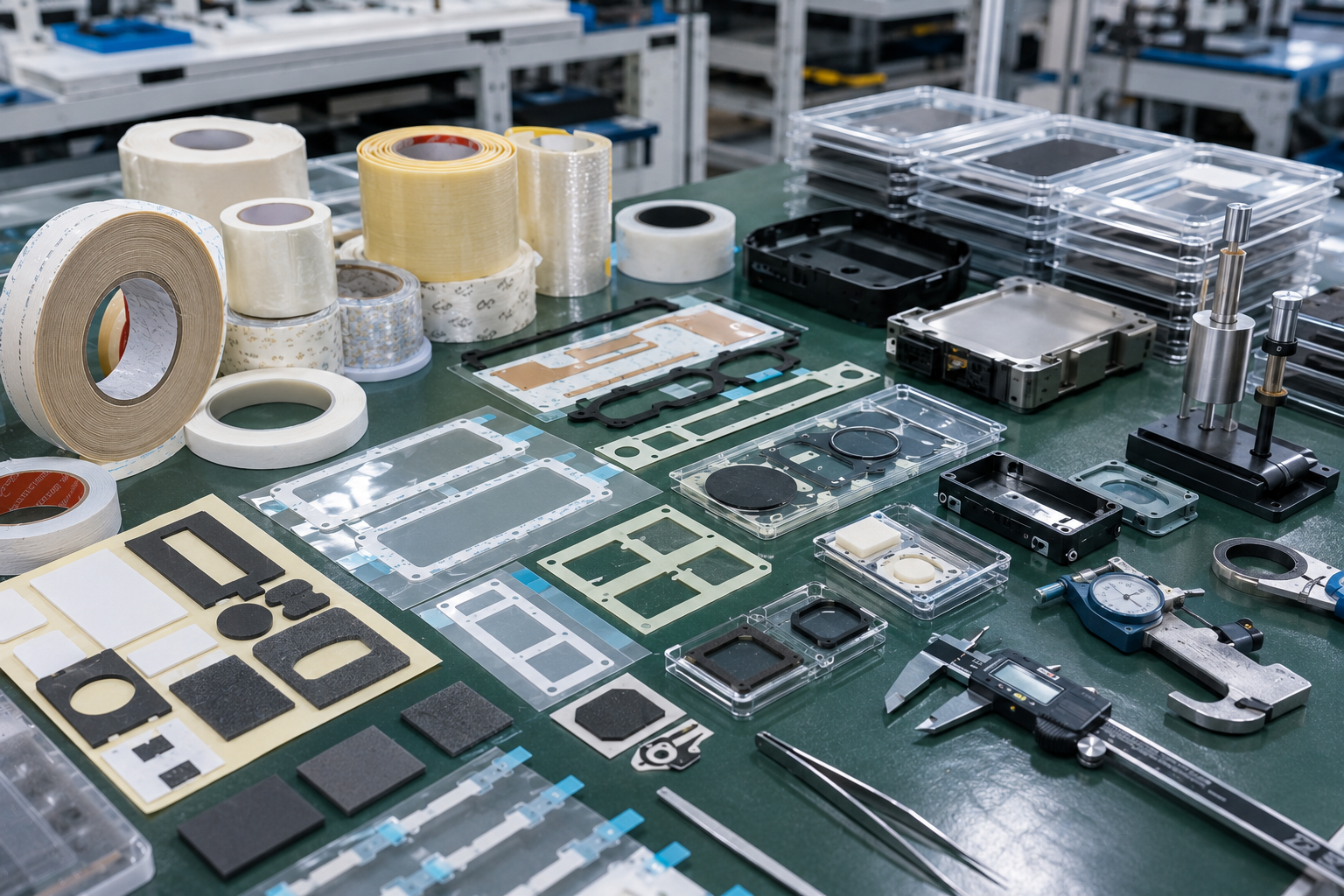 Realistic adhesive tape converting workbench showing pressure-sensitive adhesive tape rolls, double-sided tape frames, foam tape gaskets, PET-backed adhesive parts, transfer adhesive films, protective films with pull tabs, release liners, plastic housings, metal bonding samples, electronic module parts, calipers, thickness gauges, peel testing tools, and clean trays in a professional factory environment