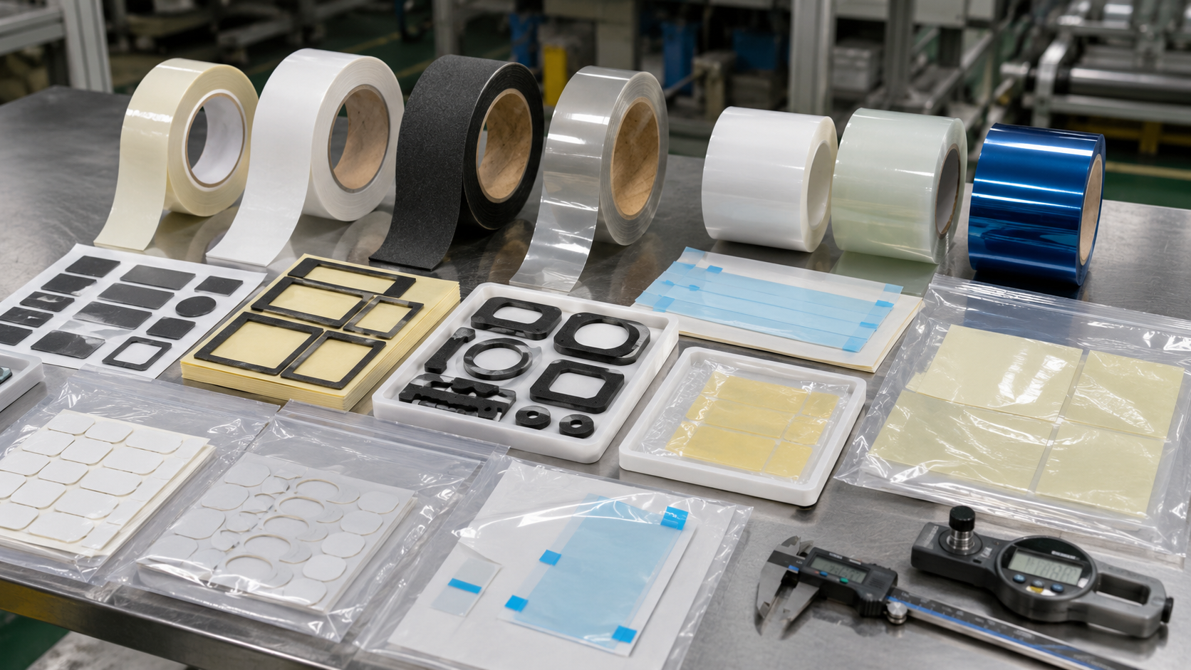Professional adhesive tape converting and packaging scene showing pressure-sensitive adhesive tape rolls, kiss-cut double-sided tape frames, foam tape gaskets, PET-backed adhesive parts, transfer adhesive films, protective films with pull tabs, adhesive-backed PET insulation films, sheets, rolls, clean trays, packaging bags, calipers, and thickness gauges