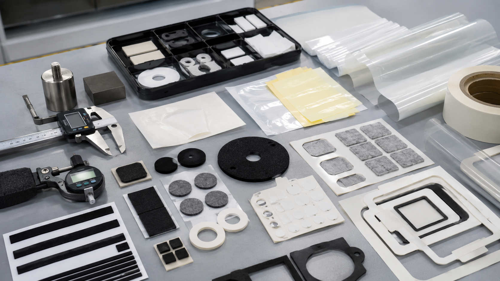 Realistic home appliance die cutting supplier evaluation workbench showing foam gaskets, adhesive-backed foam strips, rubber damping pads, PET insulation films, protective films, non-woven felt pads, refrigerator panel samples, air conditioner duct sections, washing machine housing parts, calipers, thickness gauges, compression testing blocks, peel testing tools, and clean trays in a professional factory environment. Image specification: first image 150–250 KB, width 1600–1920px, no 4K original upload needed, no text, no labels, no logos, no arrows, no icons