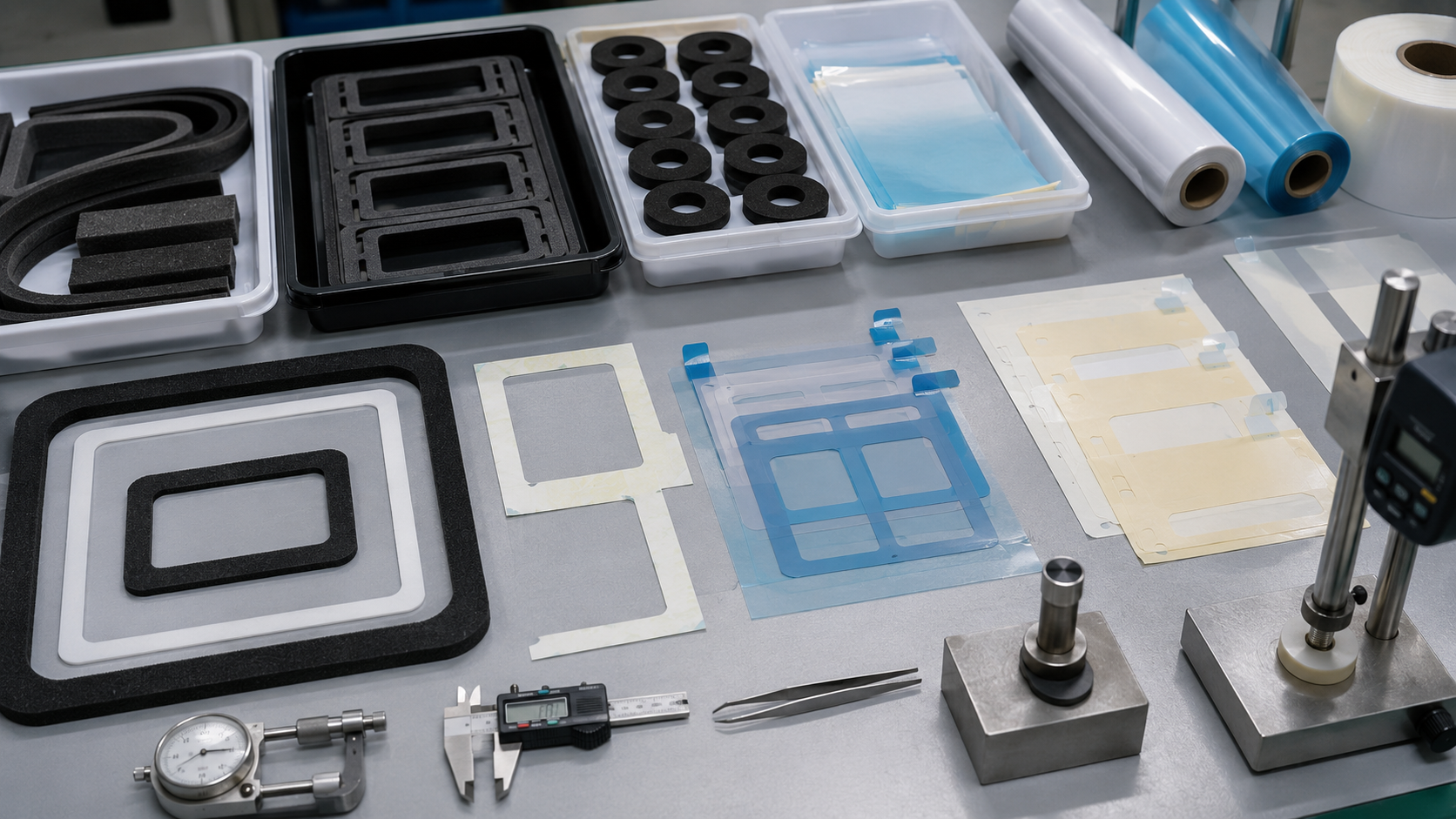 Clean home appliance die cut component inspection scene showing foam duct seals, refrigerator foam gaskets, washing machine rubber damping pads, adhesive tape frames, PET insulation films, protective films with pull tabs, release liners, peel testing tools, compression testing blocks, digital calipers, thickness gauges, and organized inspection trays. Image specification: body image 100–200 KB, width 1600–1920px, no 4K original upload needed, no text, no labels, no logos, no arrows, no icons