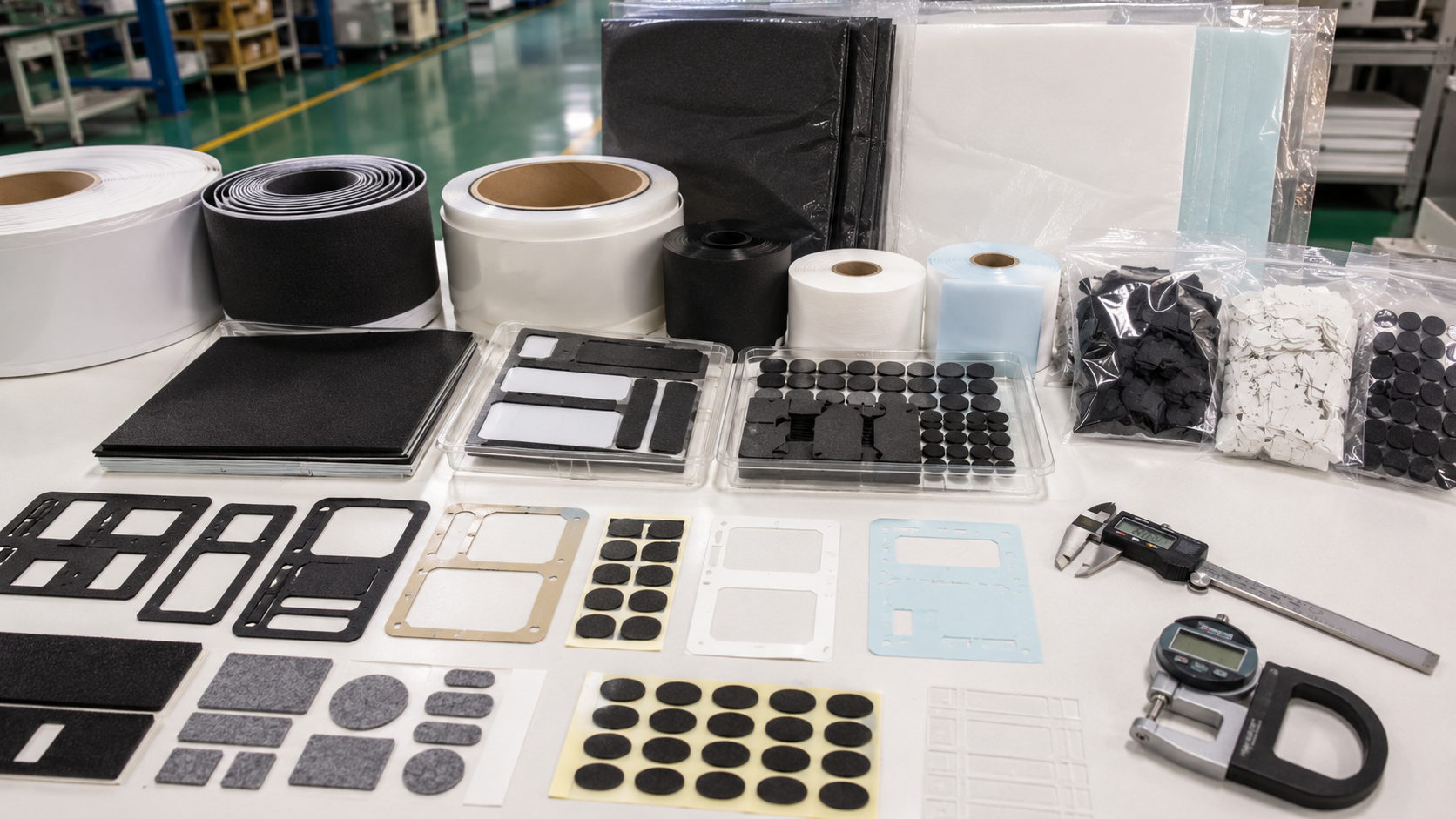 Professional home appliance die cut component packaging scene showing foam gaskets, adhesive-backed foam strips, rubber damping pads, PET insulation films, protective films, adhesive tape frames, felt pads, kiss-cut parts on release liners, sheets, rolls, kits, clean trays, packaging bags, digital calipers, thickness gauges, and organized OEM production batches. Image specification: body image 100–200 KB, width 1600–1920px, no 4K original upload needed, no text, no labels, no logos, no arrows, no icons