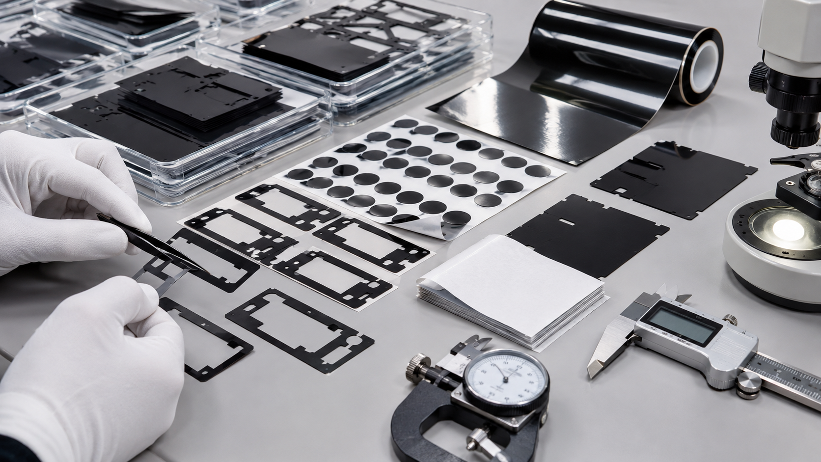Clean black PET light-blocking film inspection scene showing adhesive-backed black film frames, display module samples, sensor window covers, electronic housing parts, release liners, peel testing tools, tweezers, digital calipers, thickness gauges, optical inspection tools, and organized clean trays. Image specification: body image 100–200 KB, width 1600–1920px, no 4K original upload needed, no text, no labels, no logos, no arrows, no icons