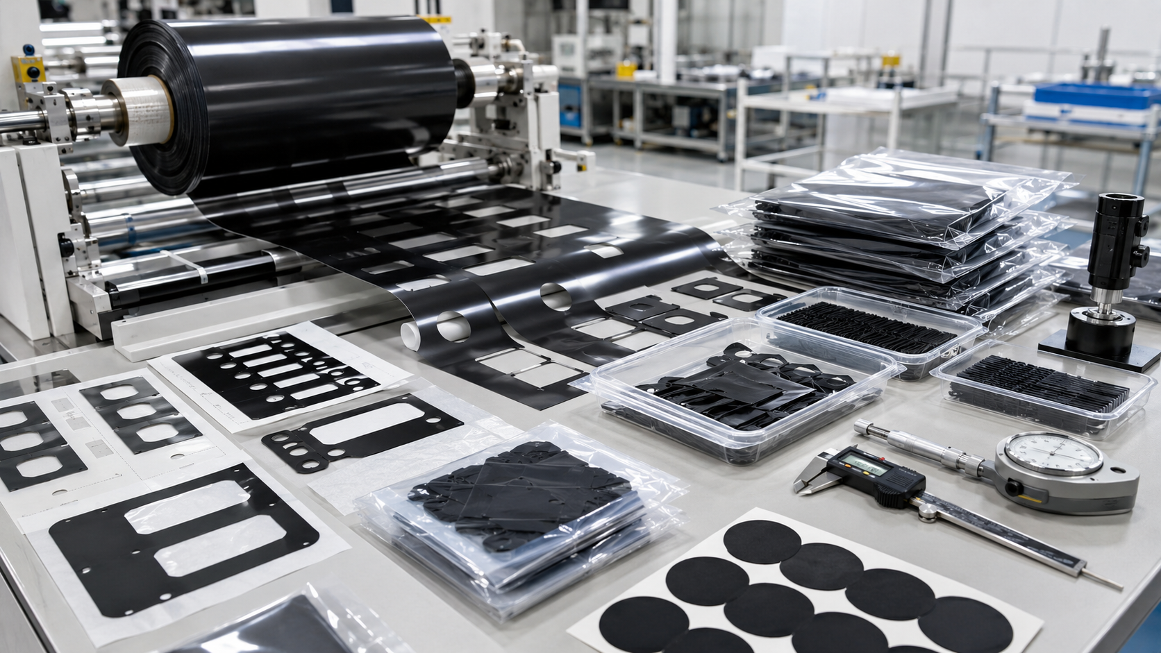 Professional black light-blocking film production and packaging scene showing roll-to-roll black PET film converting, adhesive-backed black film frames, display masking films, sensor window films, kiss-cut parts on release liners, waste matrix removal, optical inspection tools, clean trays, packaging bags, digital calipers, and thickness gauges. Image specification: body image 100–200 KB, width 1600–1920px, no 4K original upload needed, no text, no labels, no logos, no arrows, no icons