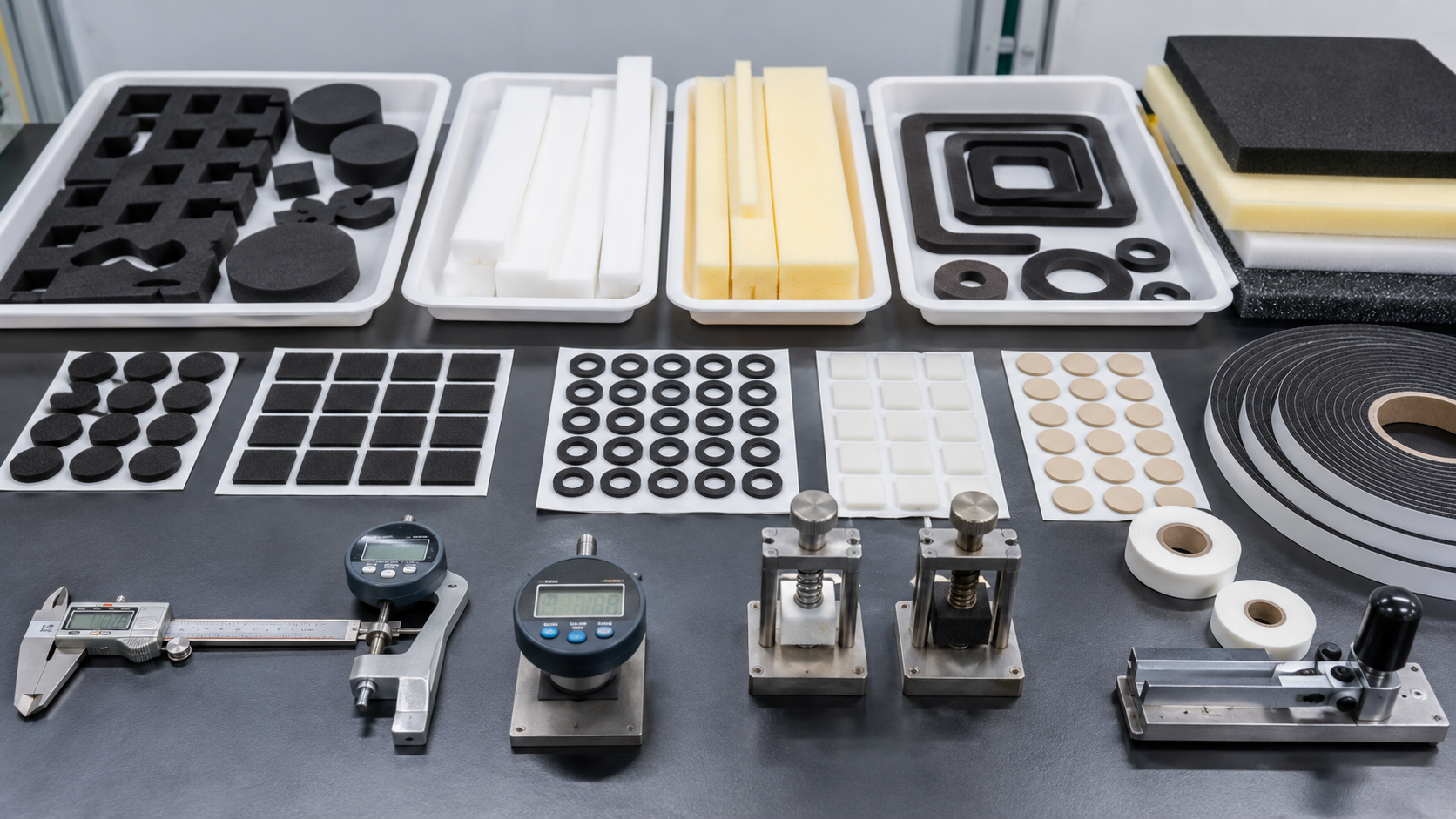 Realistic OEM foam materials workbench showing die cut EVA foam pads, PE foam strips, PU foam cushioning parts, EPDM foam gaskets, adhesive-backed foam parts, automotive interior trim samples, electronic housings, appliance panels, clean trays, digital calipers, thickness gauges, compression testing blocks, and peel testing tools in a professional factory environment. Image specification: first image 150–250 KB, width 1600–1920px, no 4K original upload needed, no text, no labels, no logos, no arrows, no icons