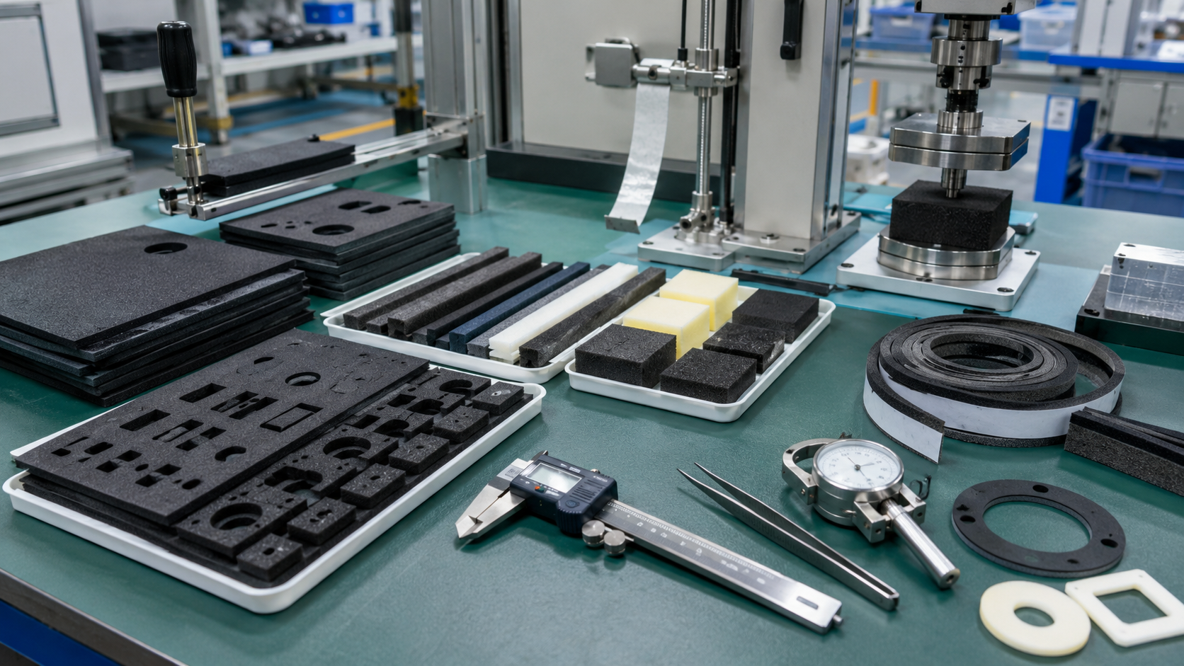 Clean foam sound and shock protection inspection scene showing die cut EVA foam pads, PE foam strips, PU foam cushions, EPDM foam seals, adhesive-backed foam gaskets, automotive trim parts, appliance housing samples, electronic module housings, compression testing blocks, peel testing tools, digital calipers, thickness gauges, and organized trays. Image specification: body image 100–200 KB, width 1600–1920px, no 4K original upload needed, no text, no labels, no logos, no arrows, no icons