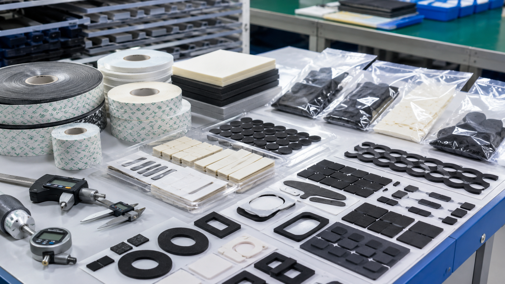Professional foam die cutting and packaging scene showing adhesive-backed EVA foam pads, PE foam strips, PU foam cushioning parts, EPDM foam gaskets, foam tape parts, kiss-cut components on release liners, sheets, rolls, kits, clean trays, packaging bags, digital calipers, thickness gauges, and inspection tools. Image specification: body image 100–200 KB, width 1600–1920px, no 4K original upload needed, no text, no labels, no logos, no arrows, no icons