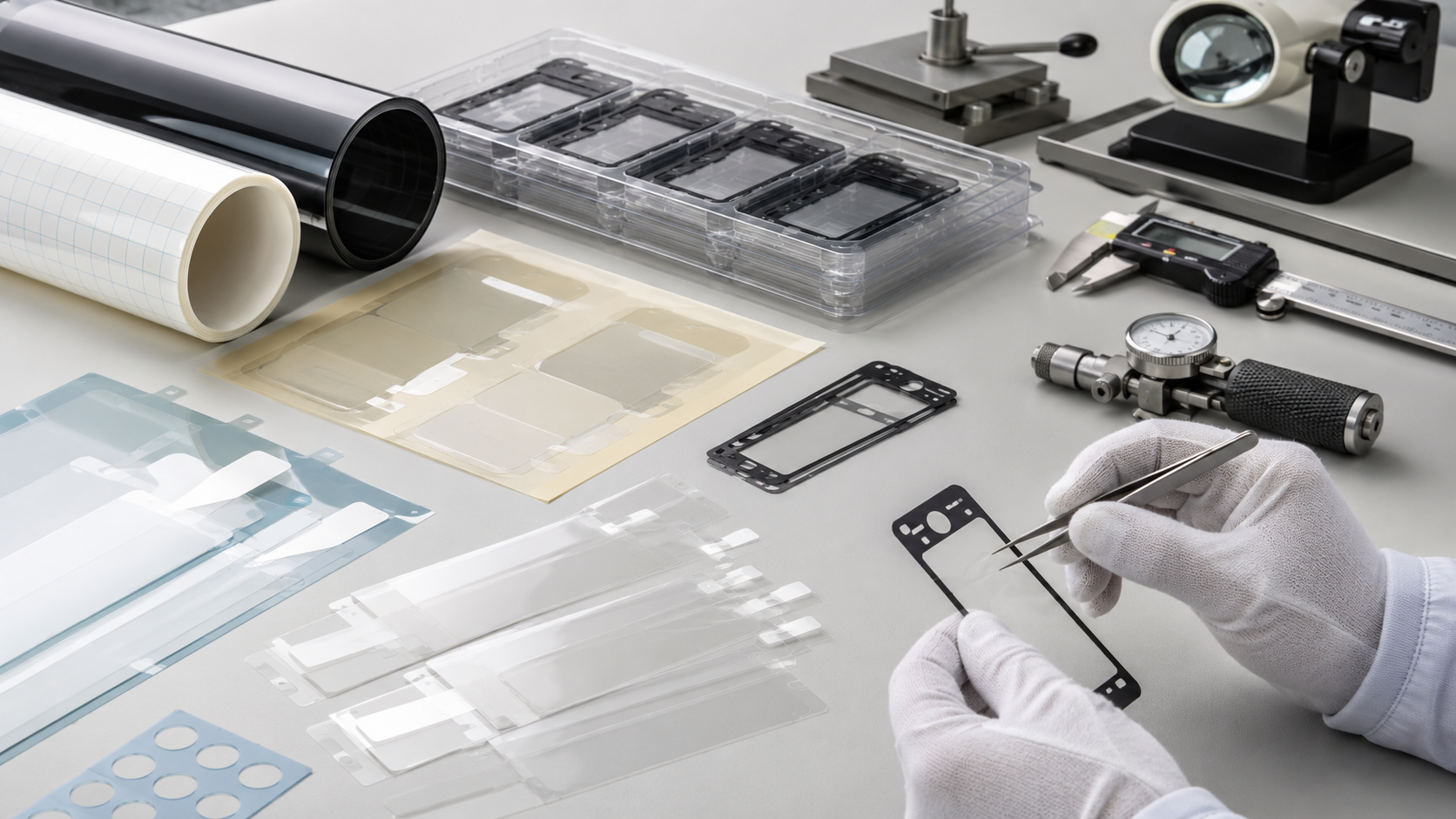 Clean PET film inspection scene showing PET insulation films, clear protective films with pull tabs, black PET light-blocking film frames, adhesive-backed PET parts, display module samples, sensor window covers, electronic housings, release liners, peel testing tools, tweezers, digital calipers, thickness gauges, optical inspection tools, and organized clean trays. Image specification: body image 100–200 KB, width 1600–1920px, no 4K original upload needed, no text, no labels, no logos, no arrows, no icons