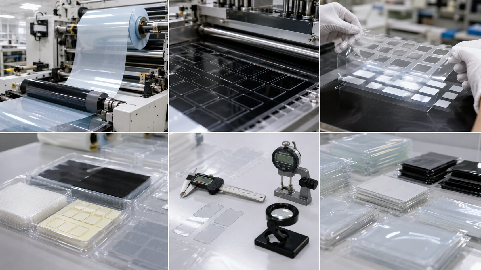 Professional PET film die cutting and packaging scene showing roll-to-roll PET film converting, PET insulation films, clear protective films with pull tabs, black PET light-blocking films, adhesive-backed PET parts, kiss-cut parts on release liners, waste matrix removal, optical inspection tools, clean trays, packaging bags, digital calipers, and thickness gauges. Image specification: body image 100–200 KB, width 1600–1920px, no 4K original upload needed, no text, no labels, no logos, no arrows, no icons