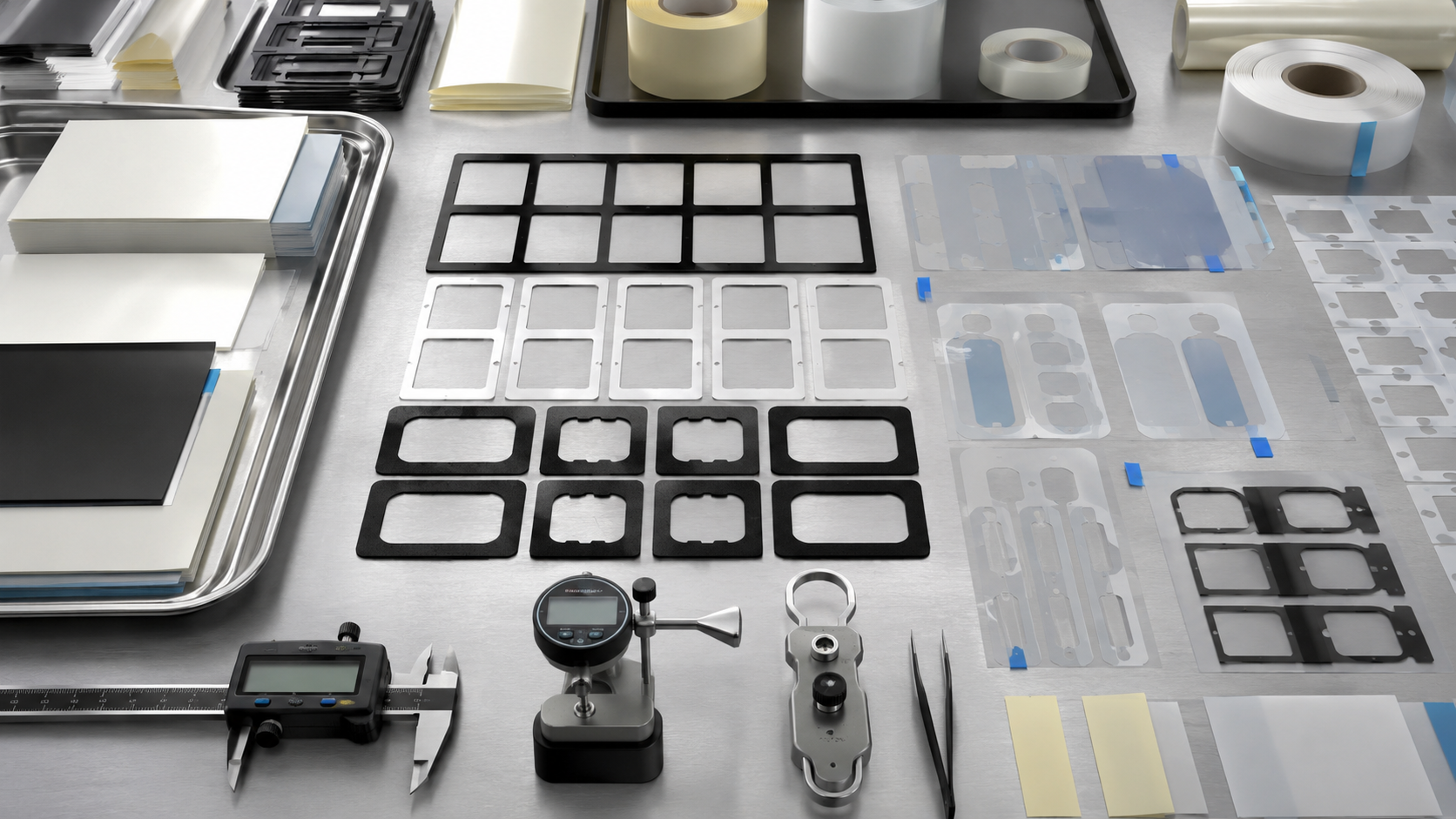 Realistic adhesive tape assembly accuracy workbench showing die cut double-sided tape frames, foam tape gaskets, PET-backed adhesive parts, transfer adhesive films, protective films with pull tabs, release liners, plastic housings, metal bonding samples, electronic module parts, clean trays, digital calipers, thickness gauges, peel testing tools, and tweezers in a professional factory environment. Image specification: first image 150–250 KB, width 1600–1920px, no 4K original upload needed, no text, no labels, no logos, no arrows, no icons
