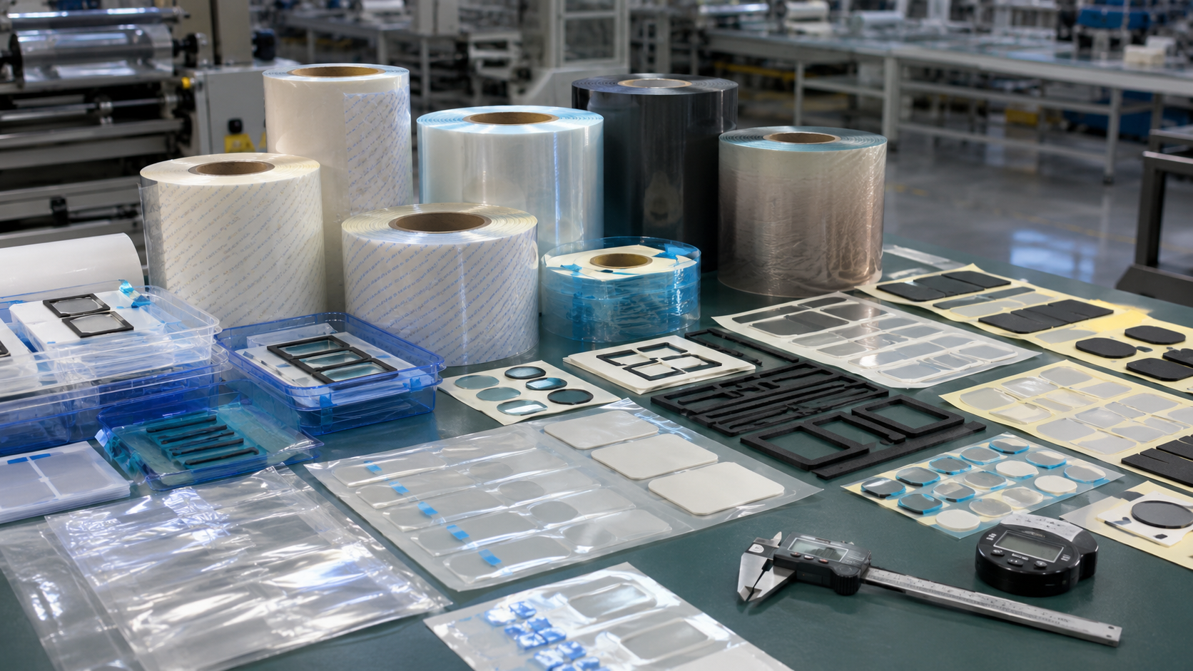 Professional adhesive tape die cutting and packaging scene showing double-sided tape frames, foam tape gaskets, PET-backed adhesive parts, transfer adhesive films, protective films with pull tabs, kiss-cut parts on release liners, sheets, rolls, clean trays, packaging bags, digital calipers, thickness gauges, and organized OEM production batches. Image specification: body image 100–200 KB, width 1600–1920px, no 4K original upload needed, no text, no labels, no logos, no arrows, no icons