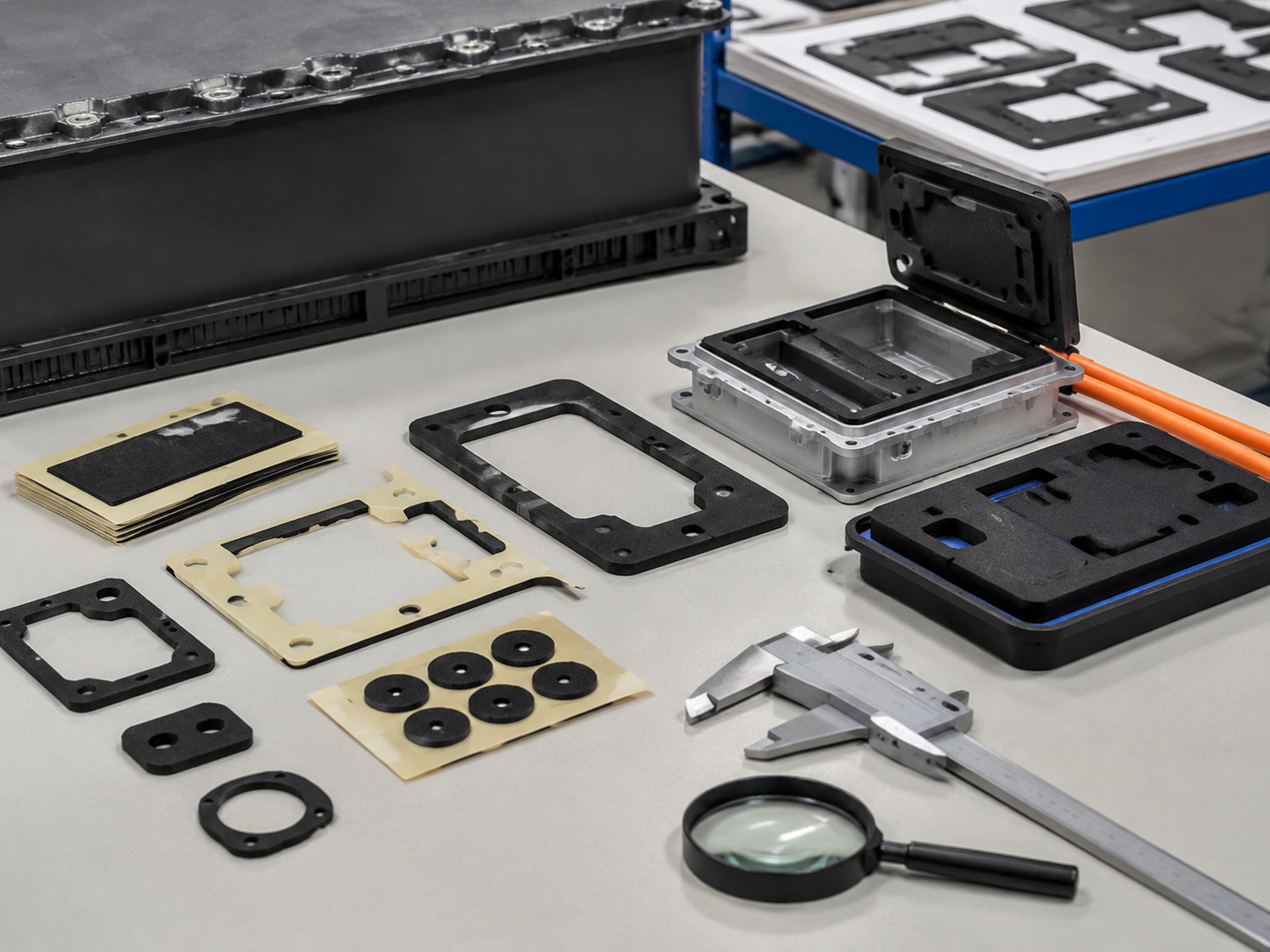 Image Description: Realistic industrial photography showing die cut foam gasket parts, adhesive-backed foam components, battery enclosure samples, and inspection tools on a clean OEM engineering workbench. No text, labels, logos, arrows, or icons. Image width: 1600–1920 px. Target file size: 150–250 KB.
