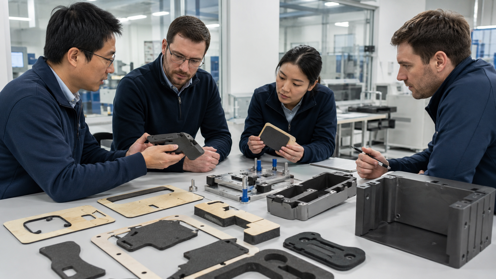 Image Description: OEM engineers reviewing adhesive-backed foam components, battery enclosure samples, foam gasket structures, and assembly fixtures during product development. No text, labels, logos, arrows, or icons. Image width: 1600–1920 px. Target file size: 100–200 KB.