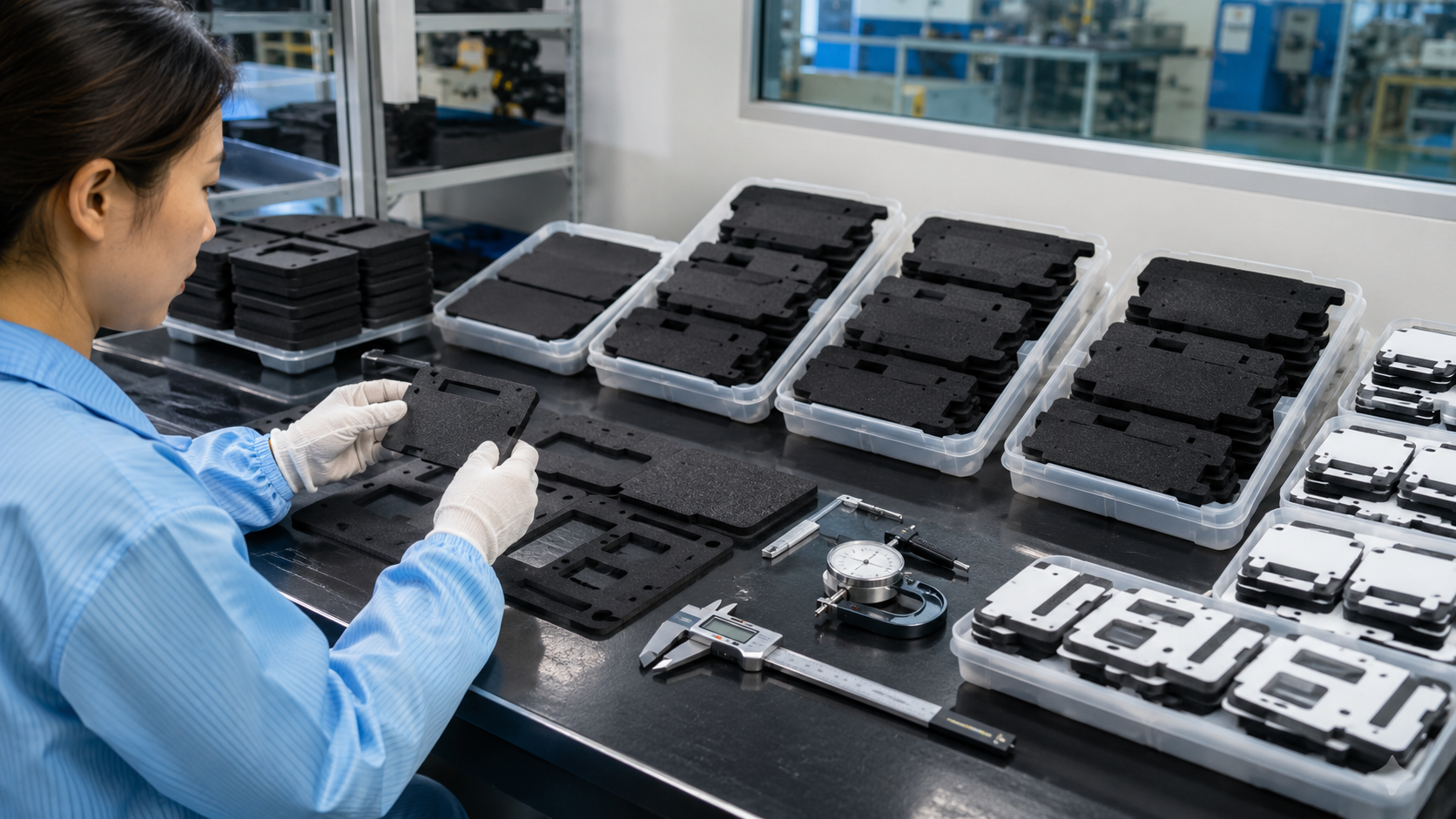 Image Description: Clean factory quality inspection scene showing finished die cut foam battery components, adhesive-backed foam gaskets, measurement tools, packaging trays, and organized OEM production batches. No text, labels, logos, arrows, or icons. Image width: 1600–1920 px. Target file size: 100–200 KB.