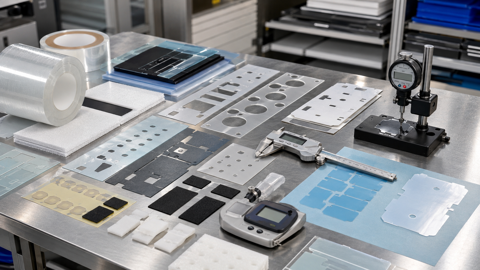 Image Description: Realistic industrial photography showing precision die cut PET insulation films, adhesive-backed PET parts, foam cushioning pads, rubber protection pads, protective films, release liners, digital calipers, thickness gauges, and inspection tools on a clean OEM engineering workbench. No batteries, battery modules, housings, text, labels, logos, arrows, or icons. Image width: 1600–1920 px. Target file size: 150–250 KB.