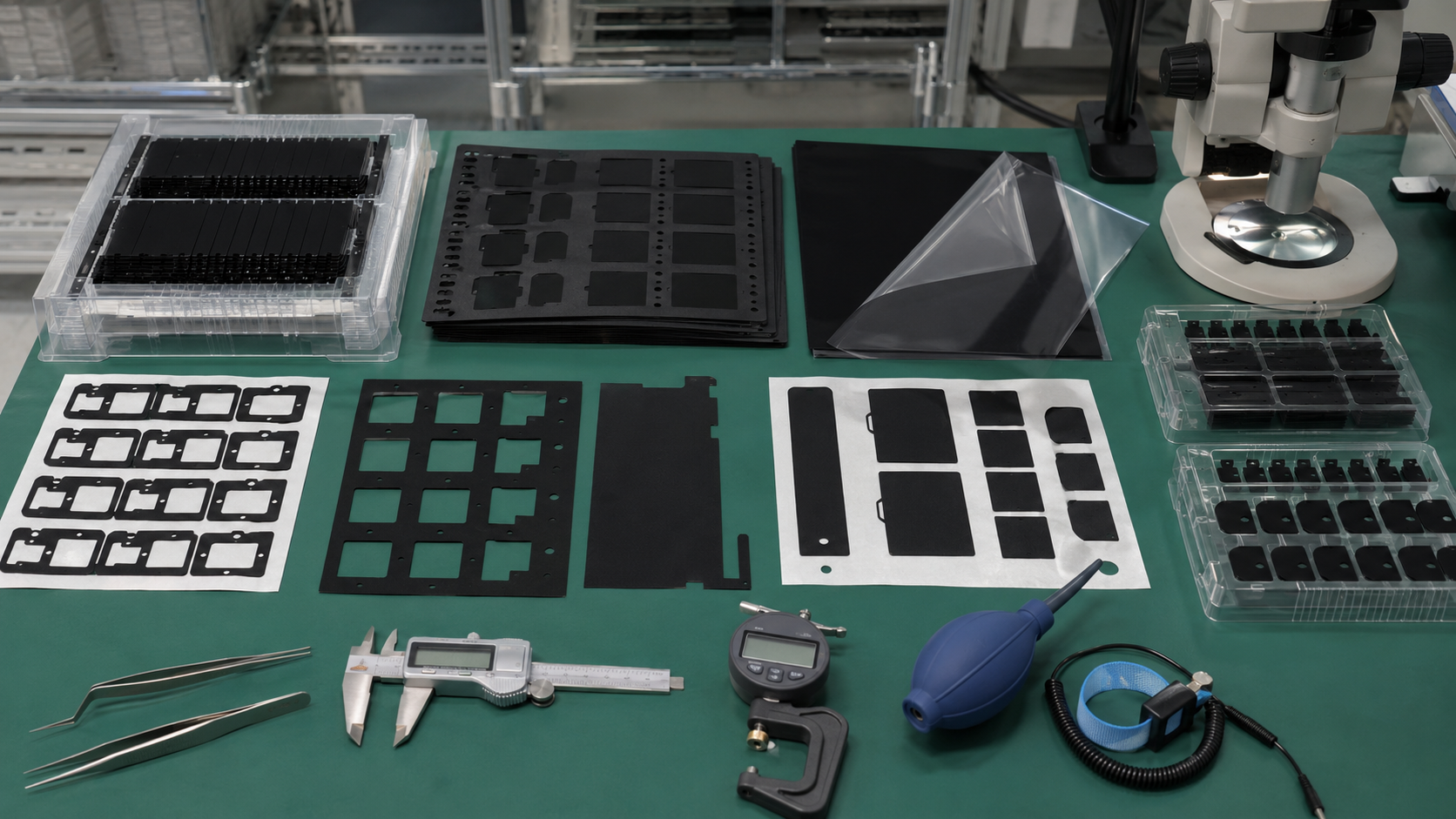 Realistic OEM electronics workbench showing die cut black PET light-blocking films, adhesive-backed black film frames, display panel samples, sensor window covers, LED indicator area samples, electronic housings, release liners, clean trays, tweezers, digital calipers, thickness gauges, and optical inspection tools in a clean factory environment. Image specification: first image 150–250 KB, width 1600–1920px, no 4K original upload needed, no text, no labels, no logos, no arrows, no icons