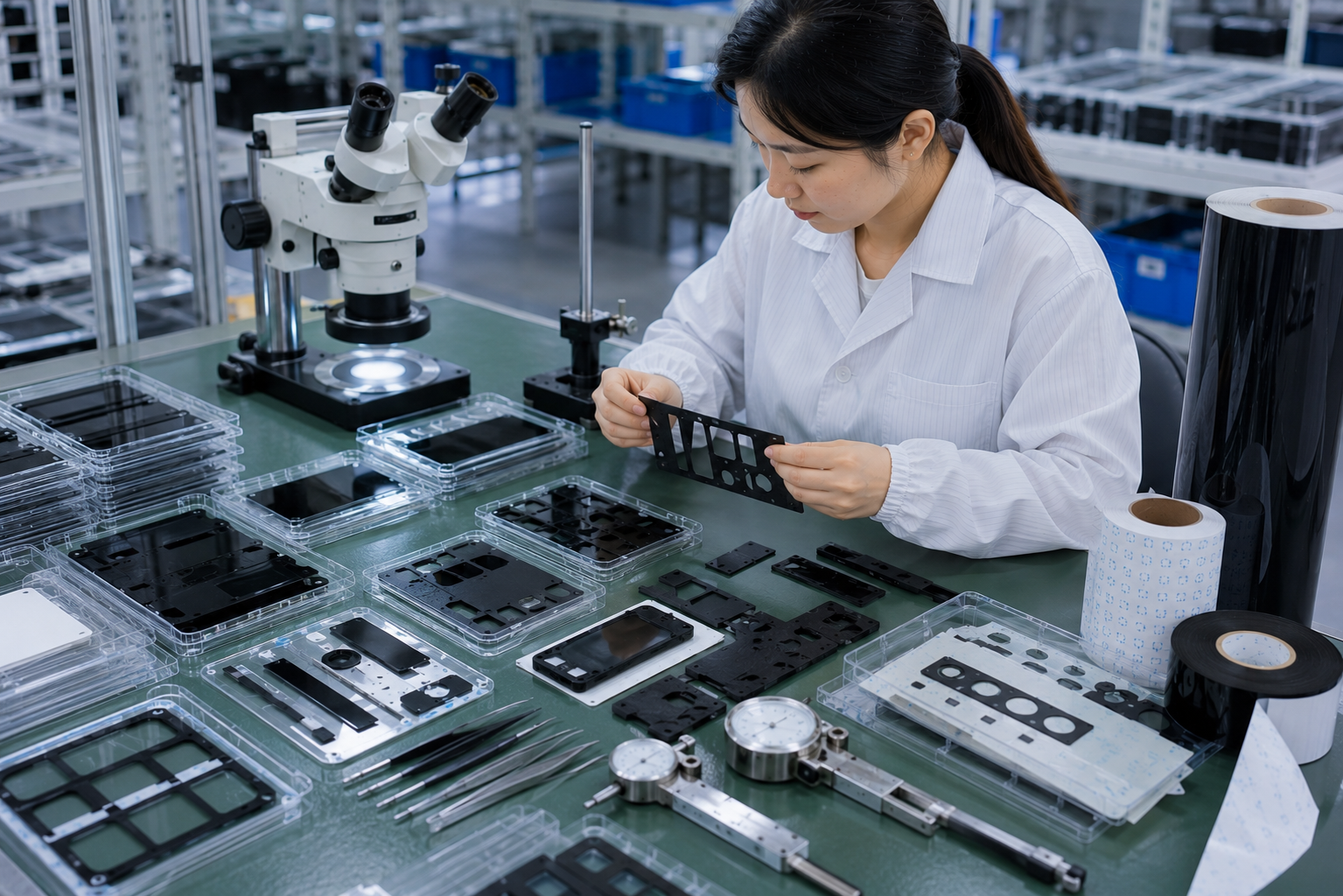 Clean black light-blocking film inspection scene showing adhesive-backed black PET film frames, display module samples, sensor window samples, LED indicator area samples, electronic housing parts, release liners, peel testing tools, tweezers, digital calipers, thickness gauges, optical inspection tools, and organized clean trays. Image specification: body image 100–200 KB, width 1600–1920px, no 4K original upload needed, no text, no labels, no logos, no arrows, no icons
