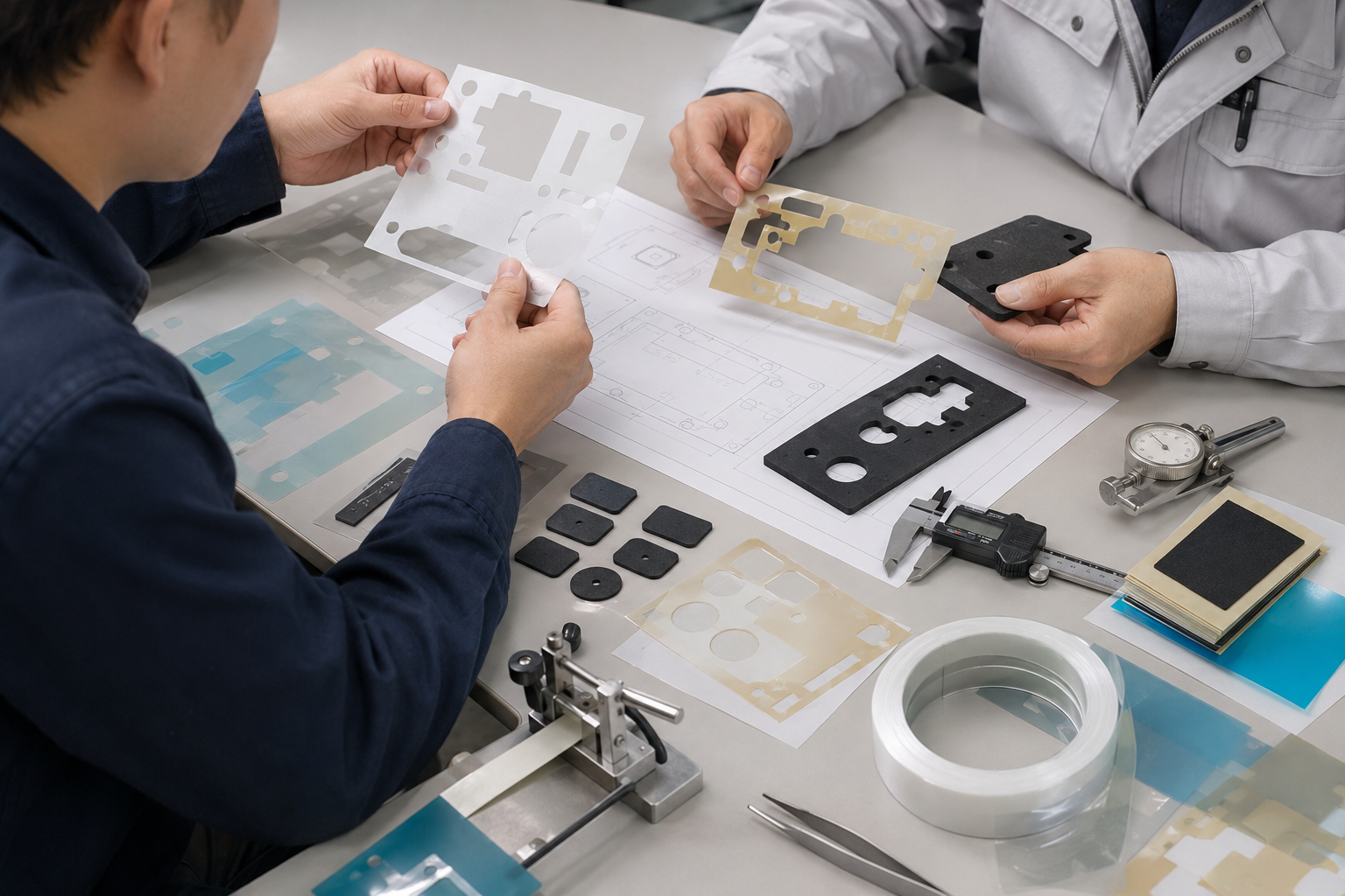 Image Description: OEM engineers reviewing die cut PET insulation films, adhesive-backed insulation parts, release liner structures, foam cushioning pads, rubber protection pads, drawings without readable text, calipers, peel-testing tools, and assembly fixtures on a clean workbench. No batteries, battery modules, housings, logos, arrows, or icons. Image width: 1600–1920 px. Target file size: 100–200 KB.