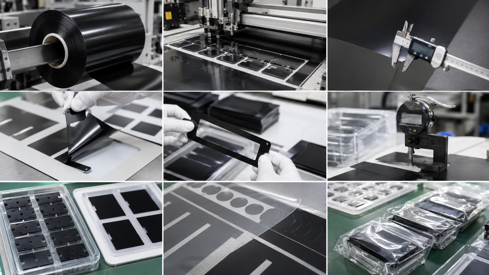 Professional black light-blocking film die cutting and packaging scene showing roll-to-roll black PET film converting, adhesive-backed black film frames, display masking films, sensor window films, kiss-cut parts on release liners, waste matrix removal, optical inspection tools, clean trays, packaging bags, digital calipers, and thickness gauges. Image specification: body image 100–200 KB, width 1600–1920px, no 4K original upload needed, no text, no labels, no logos, no arrows, no icons