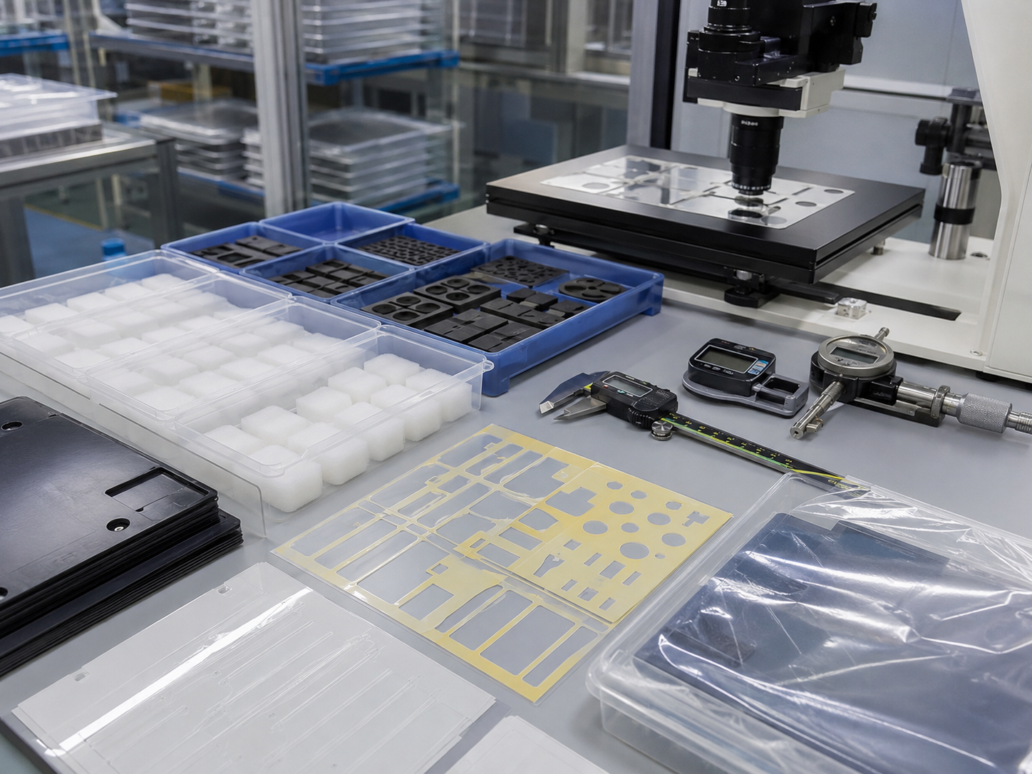 Image Description: Clean factory inspection scene showing finished die cut PET insulation films, adhesive-backed PET parts, foam cushioning pads, rubber protection pads, release liner sheets, clean trays, protective packaging, digital calipers, thickness gauges, and optical inspection tools. No batteries, battery modules, housings, text, labels, logos, arrows, or icons. Image width: 1600–1920 px. Target file size: 100–200 KB.