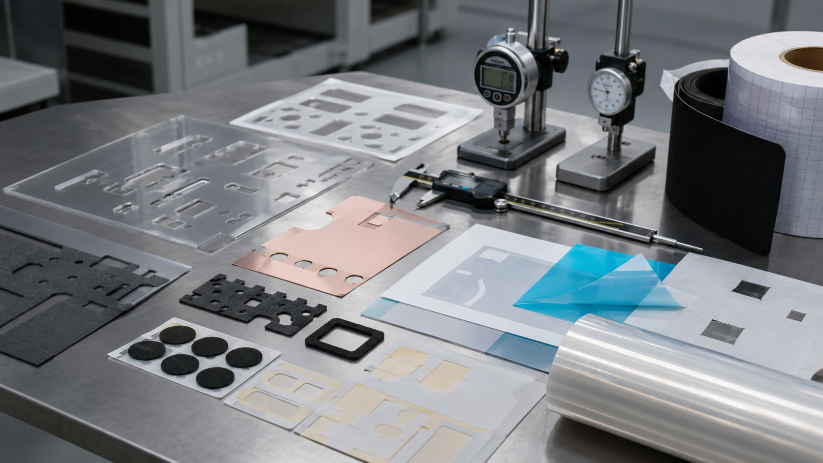 Image Description: Realistic industrial photography showing precision die cut PET insulation films, adhesive-backed PET parts, foam cushioning pads, rubber protection pads, protective films, release liners, calipers, thickness gauges, and clean inspection tools on an OEM engineering workbench. No battery cells, complete battery modules, text, labels, logos, arrows, or icons. Image width: 1600–1920 px. Target file size: 150–250 KB.