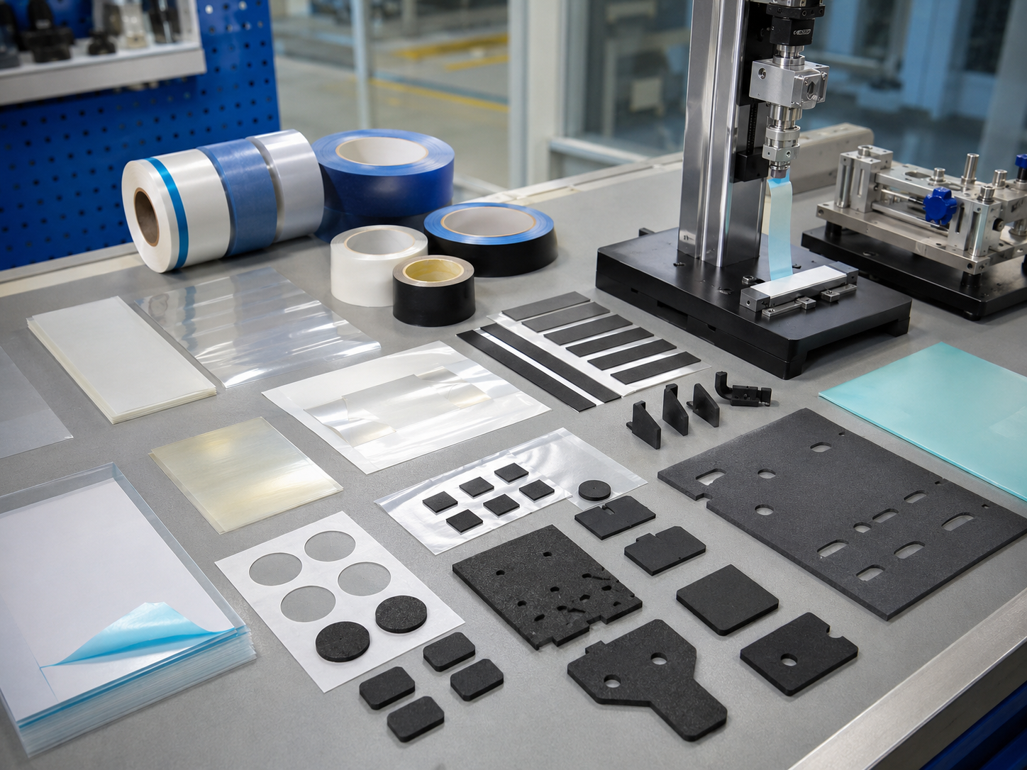 Image Description: Clean OEM development scene showing die cut PET insulation films, adhesive-backed insulation strips, PE and EPDM foam pads, rubber protection pieces, temporary protective films, release liners, peel-test equipment, and assembly fixtures. No battery cells, battery packs, finished modules, readable documents, text, labels, logos, arrows, or icons. Image width: 1600–1920 px. Target file size: 100–200 KB.