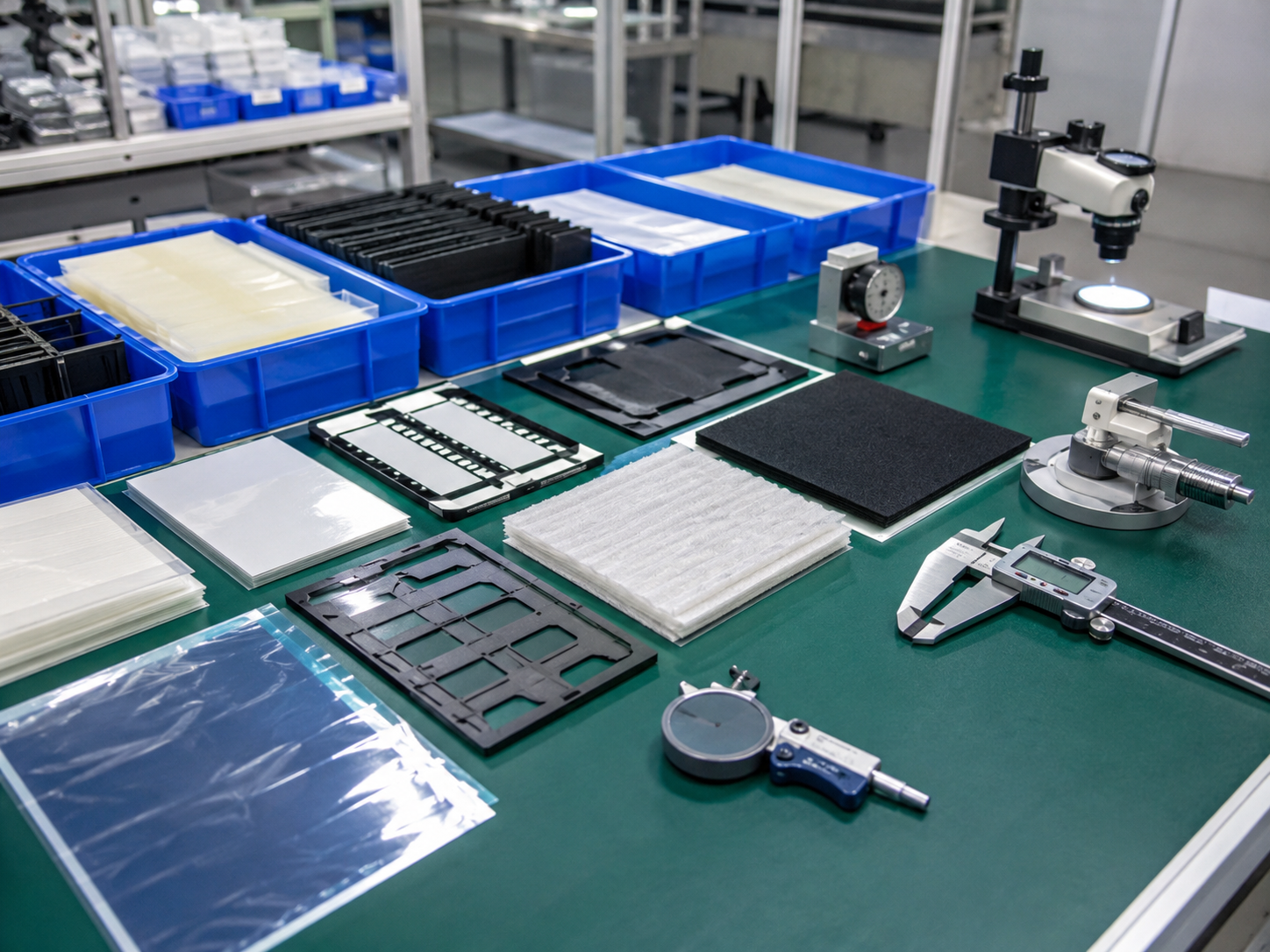 Image Description: Realistic factory quality inspection scene showing finished PET insulation parts, adhesive-backed film frames, foam cushioning pads, rubber protection components, protective films, release liner sheets, clean trays, digital calipers, thickness gauges, and optical inspection tools. No battery cells, finished battery modules, text, labels, logos, arrows, or icons. Image width: 1600–1920 px. Target file size: 100–200 KB.