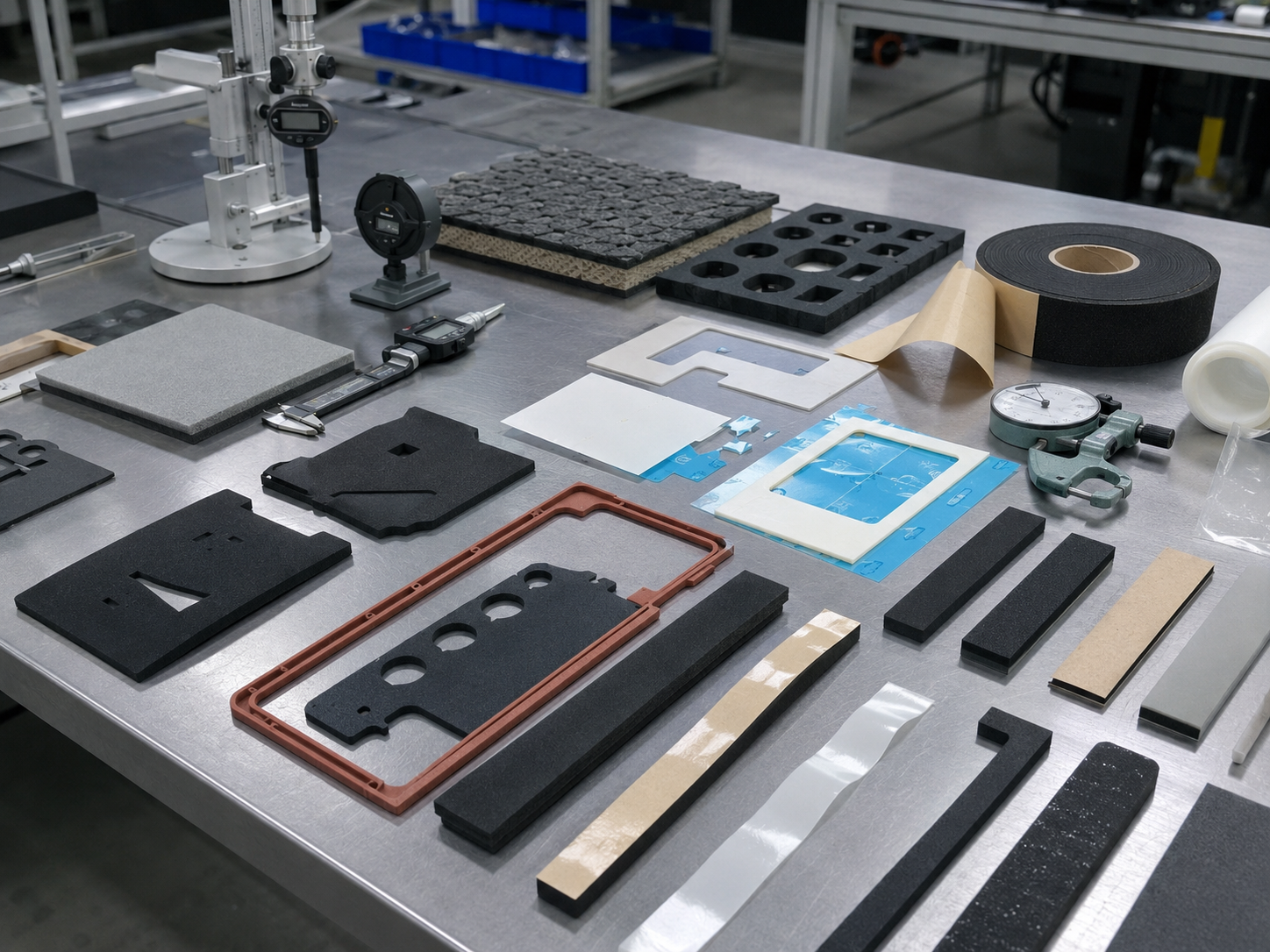 Image Description: Realistic industrial photography showing precision die cut EPDM foam gaskets, silicone foam sealing frames, solid rubber pads, adhesive-backed foam strips, PET insulation pieces, protective films, release liners, calipers, thickness gauges, and clean inspection tools on an OEM engineering workbench. No battery cells, complete battery packs, text, labels, logos, arrows, or icons. Image width: 1600–1920 px. Target file size: 150–250 KB.
