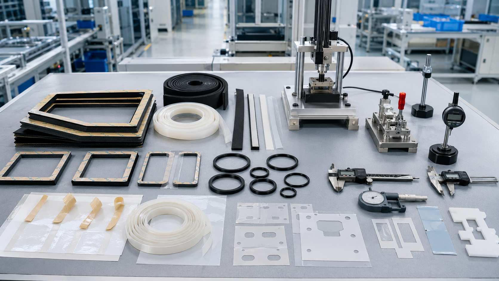 Image Description: Clean OEM engineering scene showing adhesive-backed EPDM foam gasket frames, silicone foam strips, rubber sealing rings, PET insulation parts, release liners with pull tabs, peel-test equipment, assembly fixtures, and dimensional inspection tools. No battery cells, finished battery modules, readable documents, text, labels, logos, arrows, or icons. Image width: 1600–1920 px. Target file size: 100–200 KB.