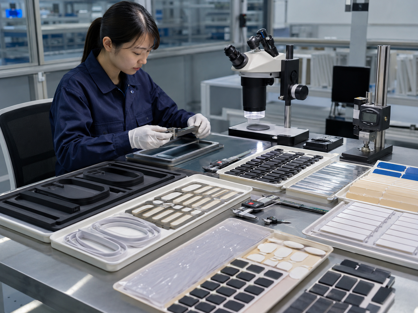 Image Description: Realistic factory quality inspection scene showing finished EPDM foam gasket frames, silicone foam seals, solid rubber pads, adhesive-backed gasket strips, PET insulation pieces, protective films, release liner sheets, clean trays, digital calipers, thickness gauges, and optical inspection tools. No battery cells, finished battery packs, text, labels, logos, arrows, or icons. Image width: 1600–1920 px. Target file size: 100–200 KB.