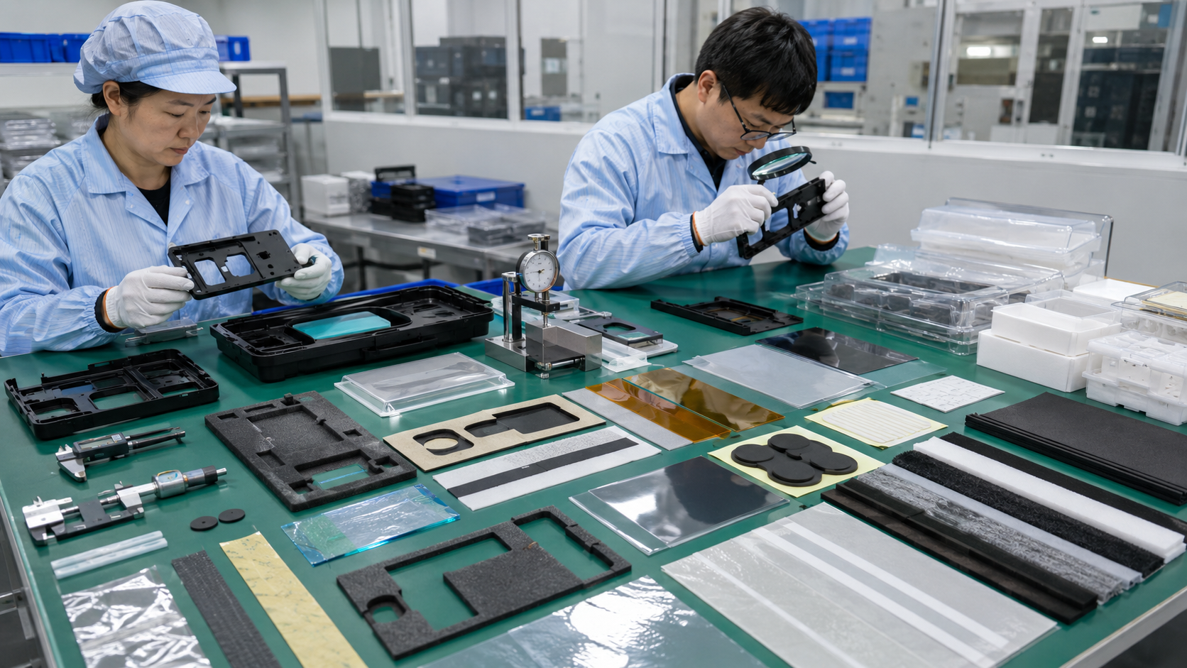 Inspection of injection molded OEM parts with die cut foam tape film and rubber components
