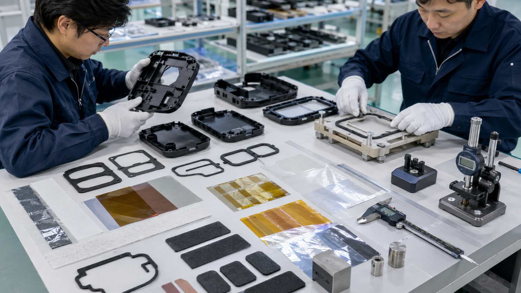 OEM inspection of injection molded plastic parts with die cut foam tape film and rubber components