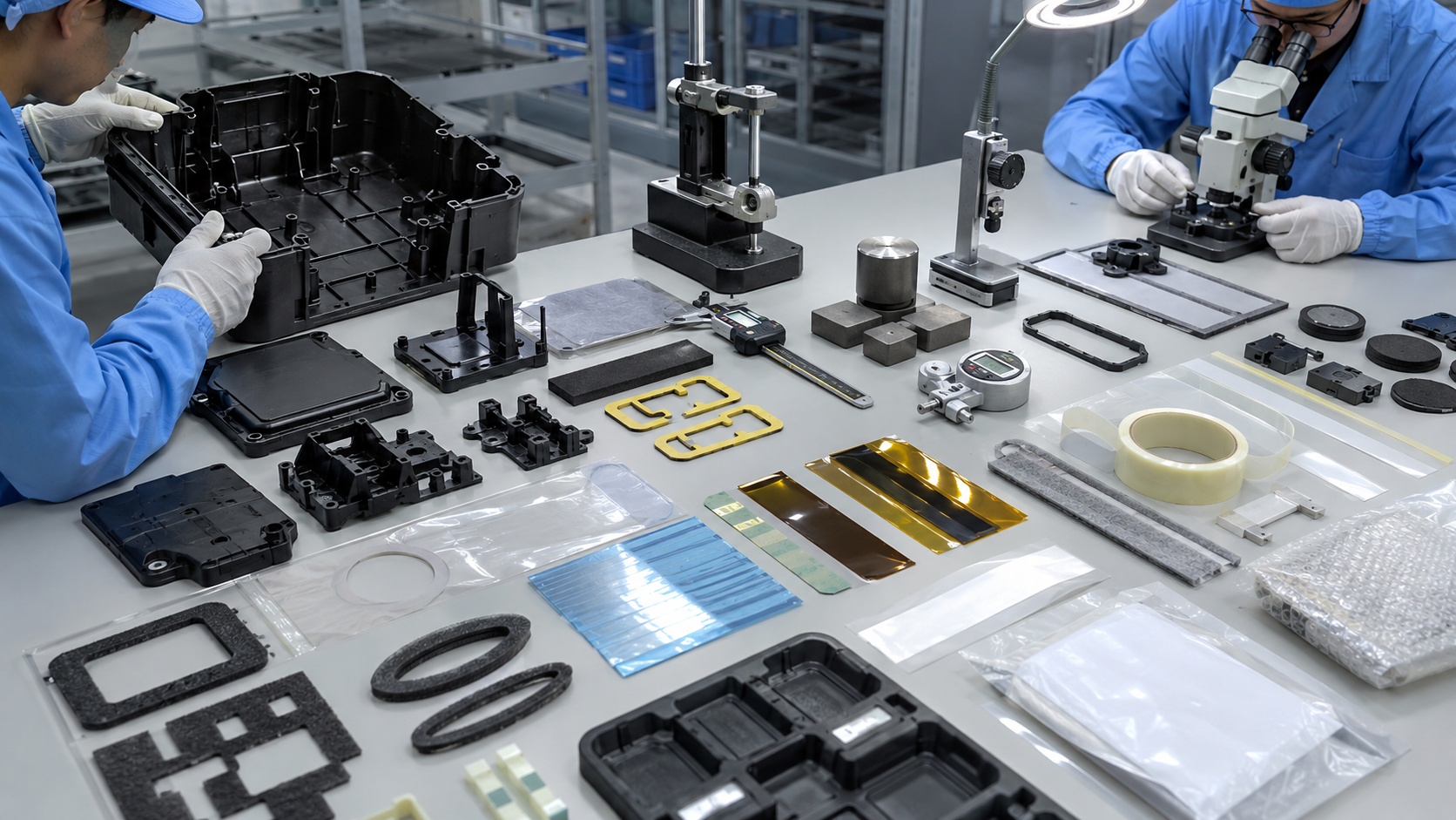 Quality inspection of injection molded parts with die cut foam tape film and rubber components