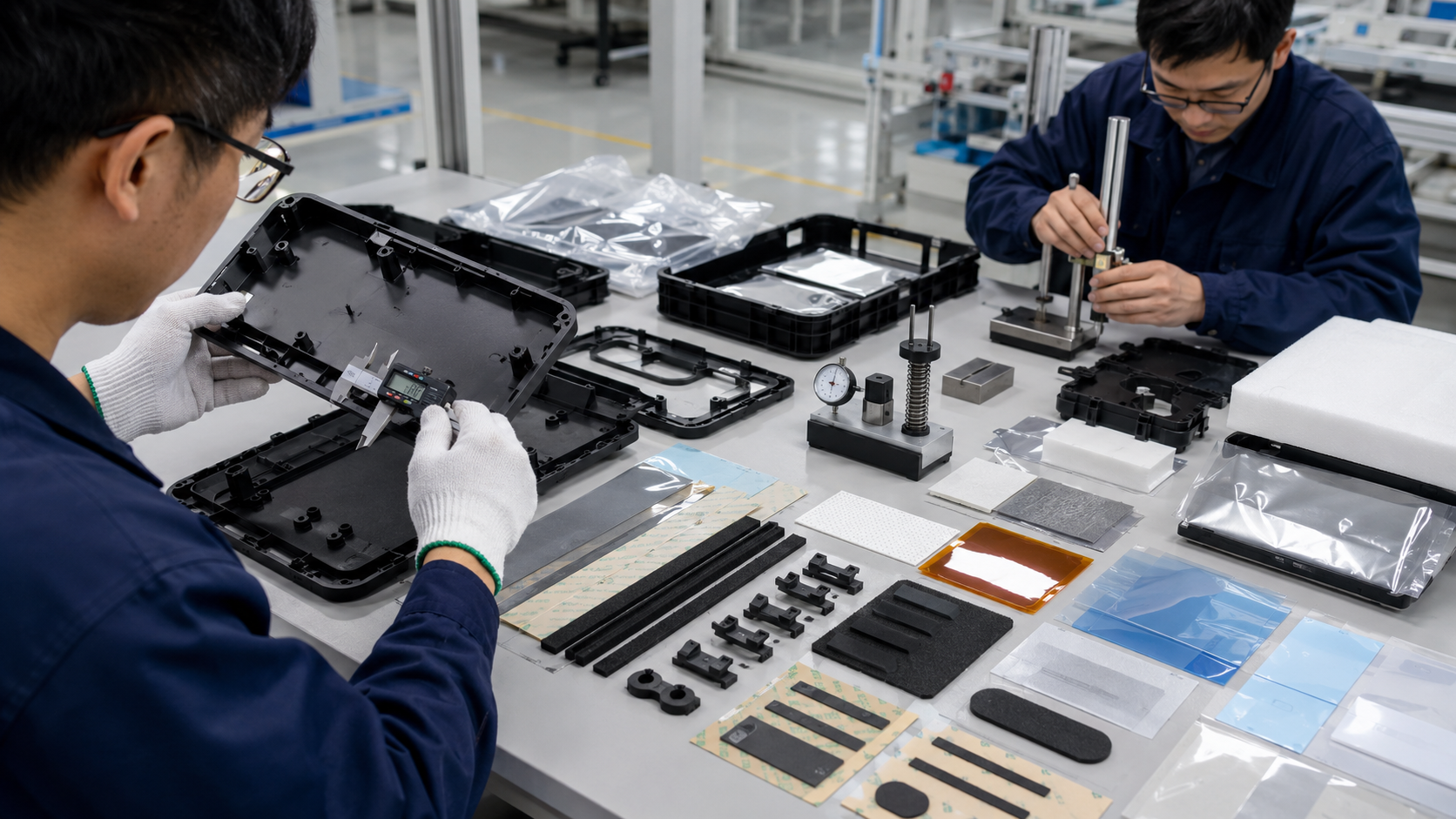 OEM quality inspection of injection molded plastic parts and related die cut components