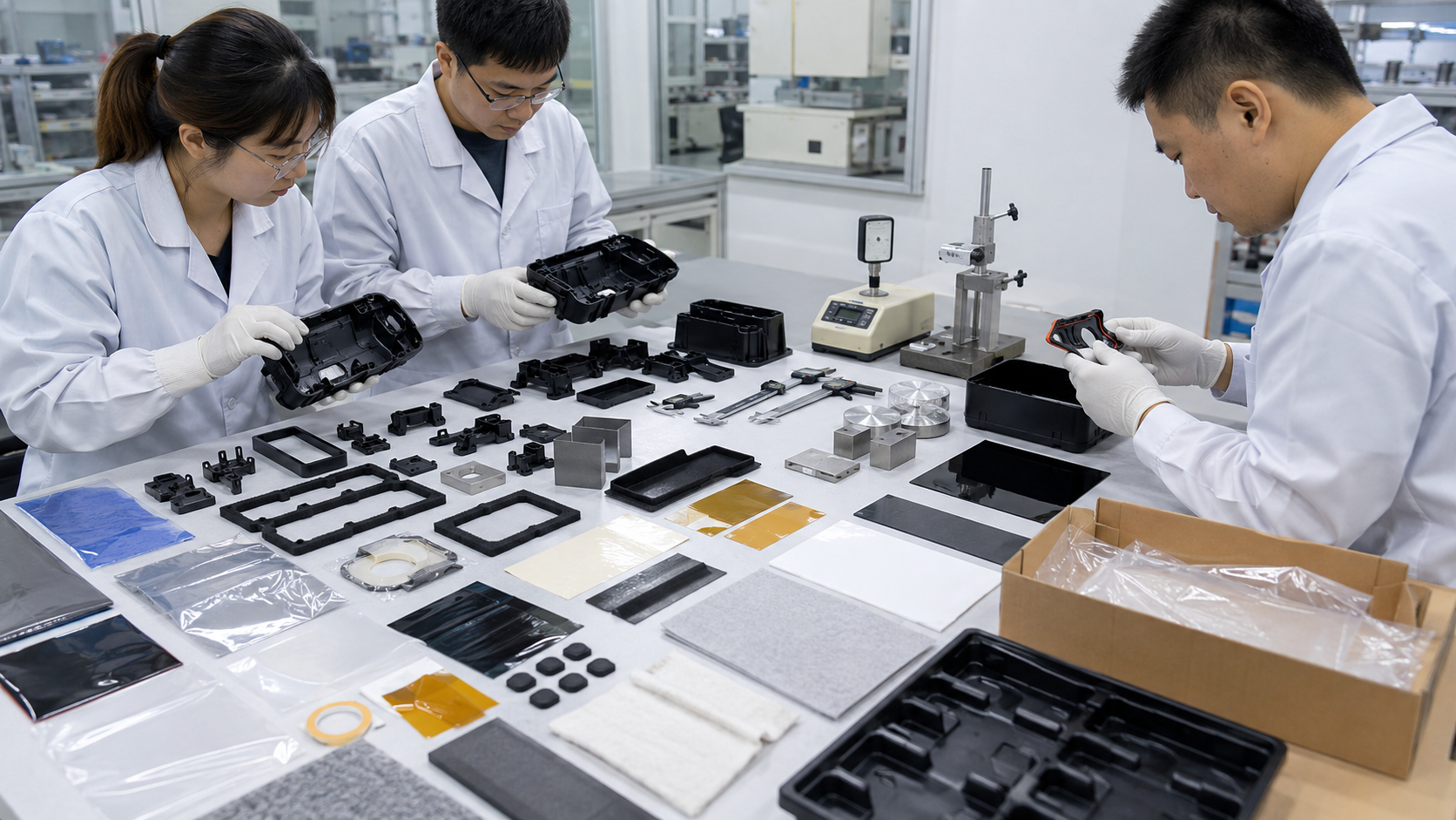 Quality inspection of injection molded OEM plastic parts with foam gasket tape film and rubber components