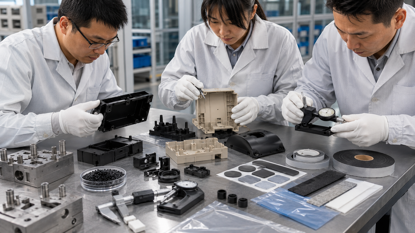 OEM engineering review of injection molded parts with foam tape film and rubber components
