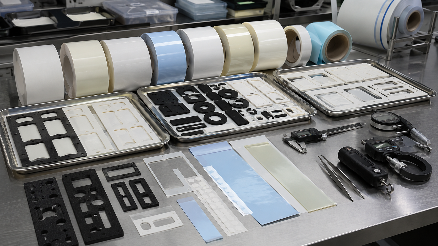 Realistic OEM double-sided tape selection workbench showing die cut double-sided tape frames, foam tape gaskets, PET-backed adhesive parts, transfer adhesive films, adhesive-backed PET films, release liners, electronic housings, automotive trim samples, appliance control panels, plastic and metal bonding samples, clean trays, digital calipers, thickness gauges, peel testing tools, and tweezers in a professional factory environment. Image specification: first image 150–250 KB, width 1600–1920px, no 4K original upload needed, no text, no labels, no logos, no arrows, no icons