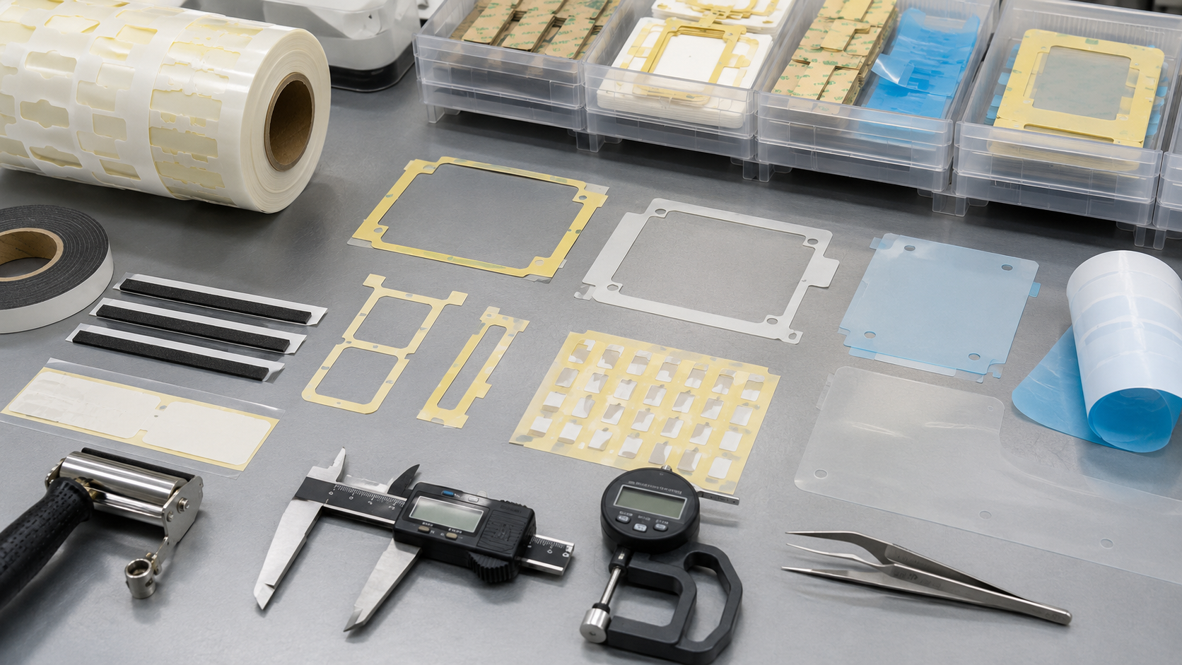 Clean double-sided tape inspection scene showing kiss-cut tape frames, PET-backed adhesive parts, foam tape strips, adhesive-backed PET insulation films, protective films with pull tabs, release liners, plastic bonding samples, metal panels, electronic module samples, appliance control panel parts, peel testing tools, digital calipers, thickness gauges, and organized trays. Image specification: body image 100–200 KB, width 1600–1920px, no 4K original upload needed, no text, no labels, no logos, no arrows, no icons