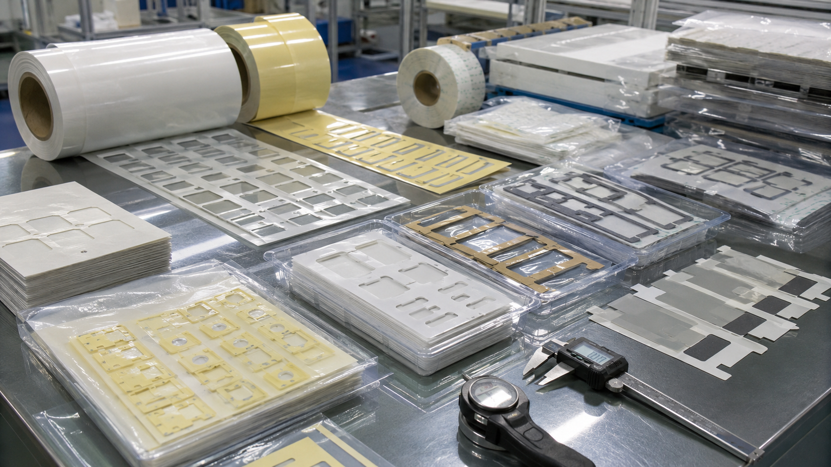 Professional double-sided tape converting and packaging scene showing die cut tape frames, foam tape gaskets, PET-backed adhesive parts, transfer adhesive films, adhesive-backed PET films, protective films with pull tabs, kiss-cut parts on release liners, sheets, rolls, clean trays, packaging bags, digital calipers, thickness gauges, and organized OEM production batches. Image specification: body image 100–200 KB, width 1600–1920px, no 4K original upload needed, no text, no labels, no logos, no arrows, no icons