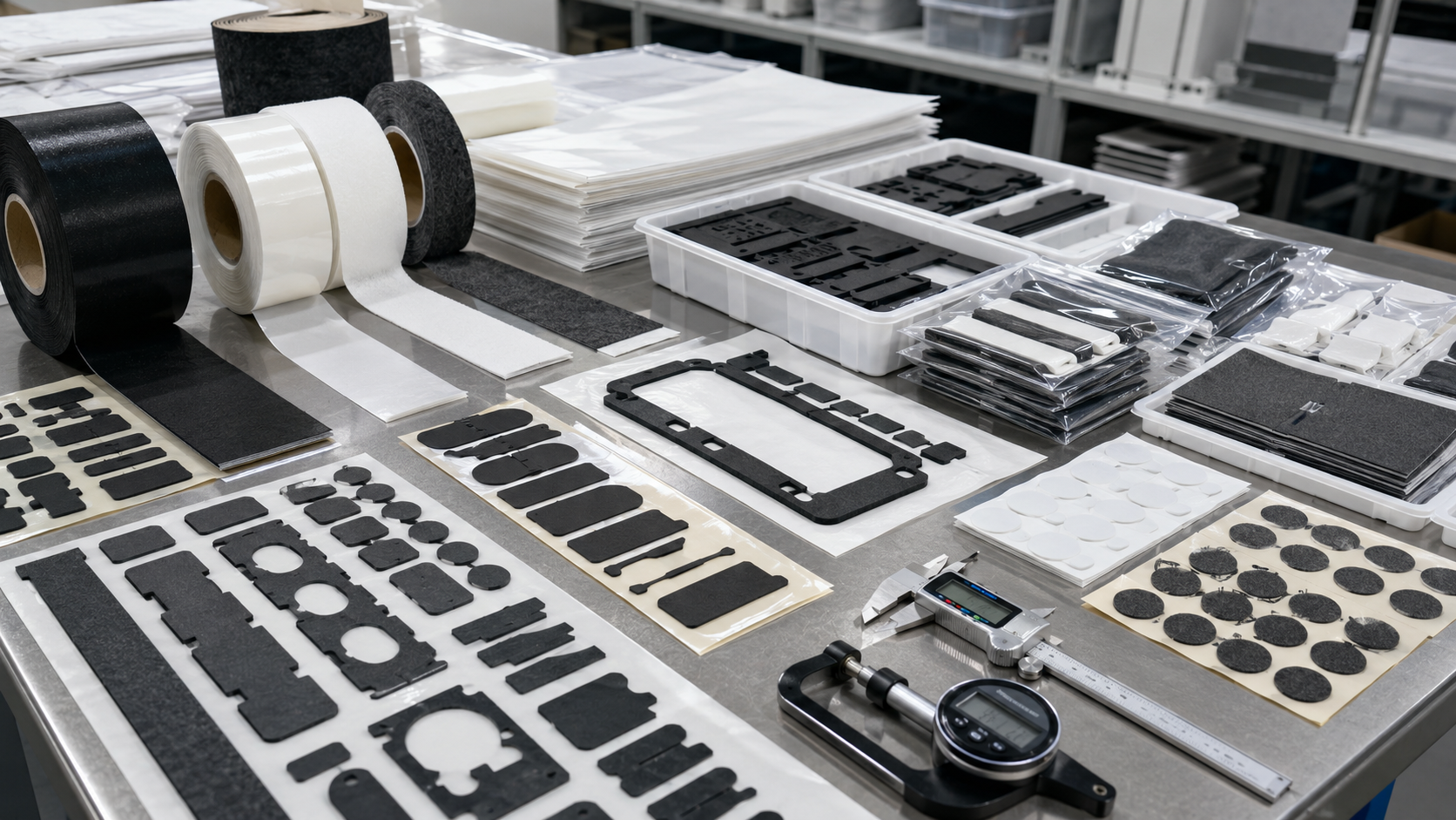 Professional automotive interior foam felt rubber die cutting and packaging scene showing adhesive-backed foam pads, non-woven felt strips, rubber damping pads, foam gasket frames, kiss-cut components on release liners, sheets, rolls, kits, clean trays, packaging bags, digital calipers, thickness gauges, and organized OEM production batches. Image specification: body image 100–200 KB, width 1600–1920px, no 4K original upload needed, no text, no labels, no logos, no arrows, no icons