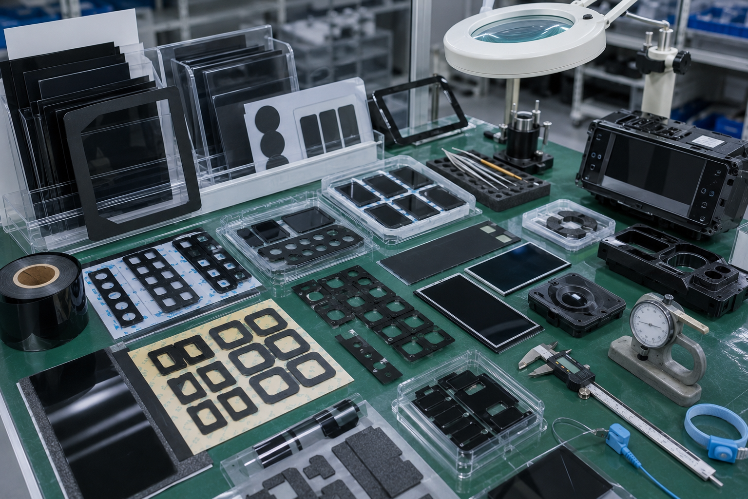 Realistic OEM display and sensor module workbench showing die cut black PET light-blocking films, adhesive-backed black PET frames, display panel samples, sensor window covers, LED indicator area samples, electronic housings, release liners, clean trays, tweezers, digital calipers, thickness gauges, anti-static tools, and optical inspection tools in a clean factory environment. Image specification: first image 150–250 KB, width 1600–1920px, no 4K original upload needed, no text, no labels, no logos, no arrows, no icons