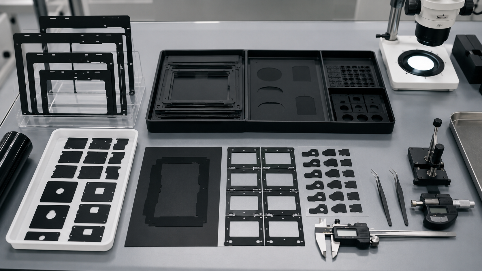 Clean black PET film inspection scene showing adhesive-backed black PET frames, display module samples, sensor window covers, LED indicator area samples, electronic housing parts, release liners, peel testing tools, tweezers, digital calipers, thickness gauges, optical inspection tools, and organized clean trays. Image specification: body image 100–200 KB, width 1600–1920px, no 4K original upload needed, no text, no labels, no logos, no arrows, no icons