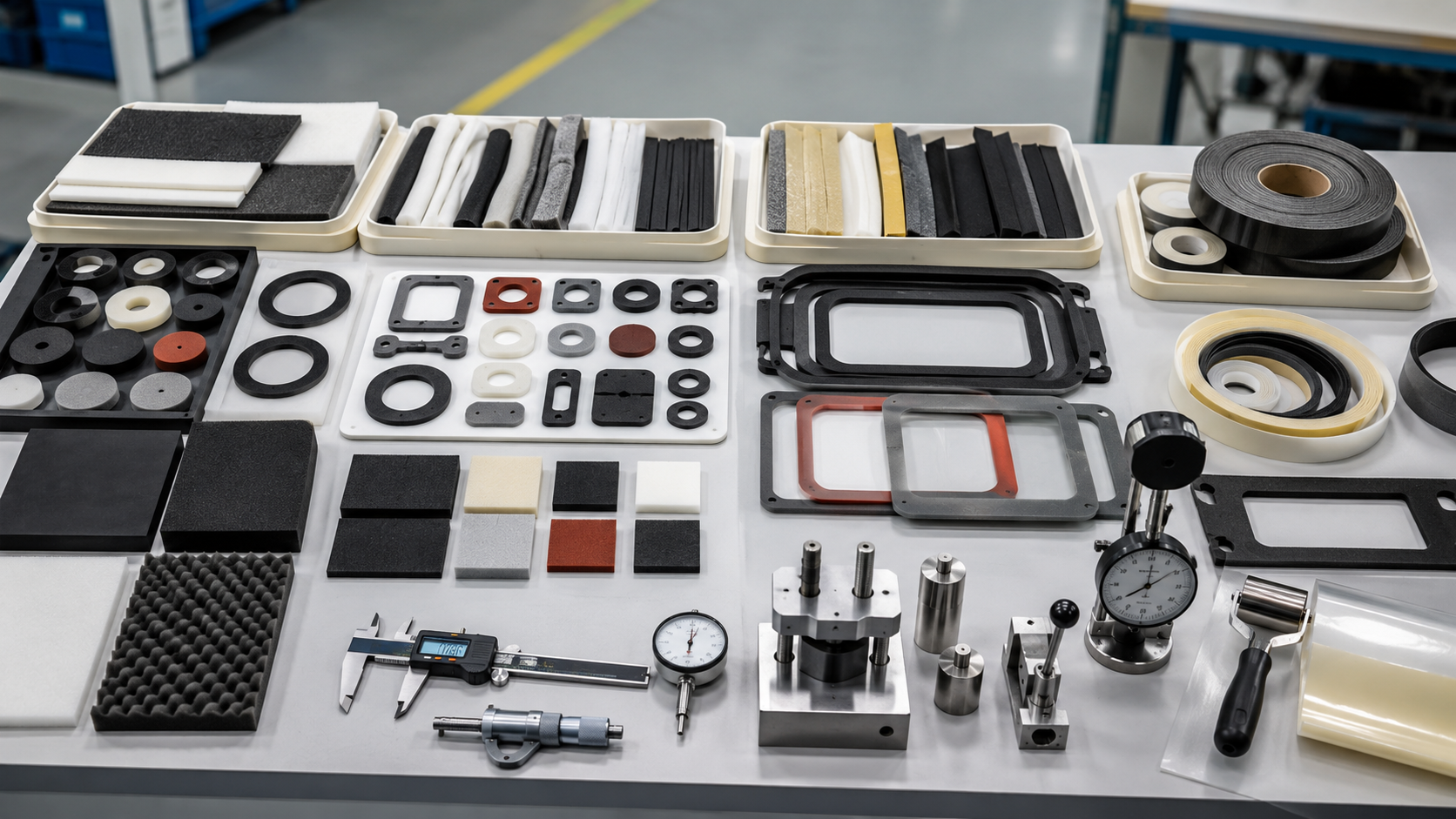 Realistic OEM foam gasket engineering workbench showing custom die cut EVA foam gaskets, PE foam strips, PU foam cushioning pads, EPDM foam sealing frames, silicone foam gasket samples, adhesive-backed foam parts, release liners, electronic housings, automotive trim samples, appliance panel parts, clean trays, digital calipers, thickness gauges, compression testing blocks, and peel testing tools in a professional factory environment. Image specification: first image 150–250 KB, width 1600–1920px, no 4K original upload needed, no text, no labels, no logos, no arrows, no icons