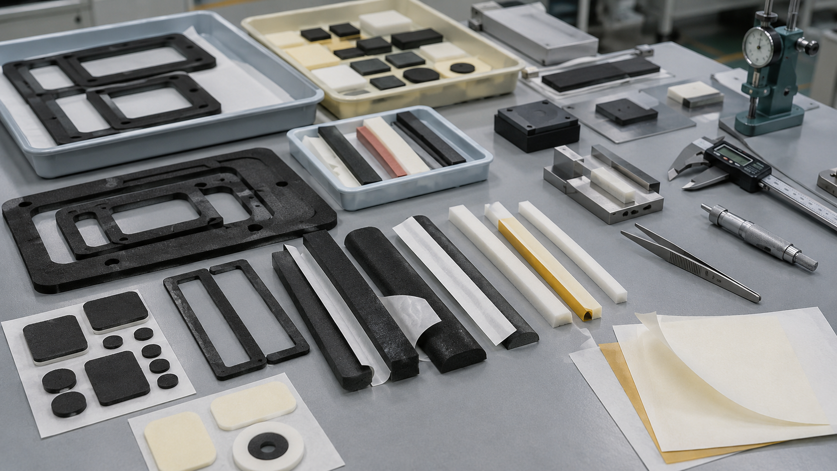 Clean foam gasket material and adhesive inspection scene showing die cut foam gasket frames, adhesive-backed EPDM foam strips, EVA foam pads, PE foam sealing strips, PU foam cushions, silicone foam samples, release liners, plastic bonding samples, metal panels, peel testing tools, compression blocks, tweezers, digital calipers, thickness gauges, and organized clean trays. Image specification: body image 100–200 KB, width 1600–1920px, no 4K original upload needed, no text, no labels, no logos, no arrows, no icons