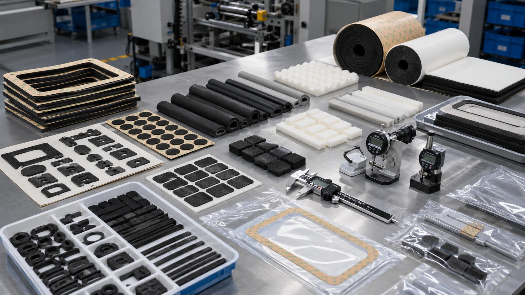 Professional foam gasket die cutting and quality control scene showing adhesive-backed foam gasket frames, EPDM foam seals, EVA foam pads, PE foam strips, PU foam cushions, kiss-cut foam parts on release liners, waste matrix removal samples, sheets, rolls, kits, clean trays, packaging bags, digital calipers, thickness gauges, and inspection tools. Image specification: body image 100–200 KB, width 1600–1920px, no 4K original upload needed, no text, no labels, no logos, no arrows, no icons